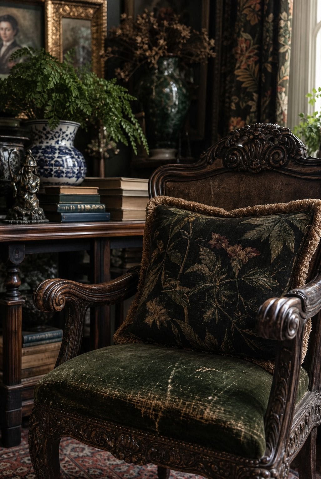 Maximalist furniture guide photo for section 3, a carved accent chair, showing carved accent chair with dark wood detail, worn velvet seat, botanical cushion, books, ceramics, and moody maximalist styling. The image is styled like realistic editorial interior photography with layered color, pattern, texture, natural daylight, and collected decor that feels bold without looking chaotic. Use this visual to help readers understand how one expressive furniture choice can anchor a room while still fe