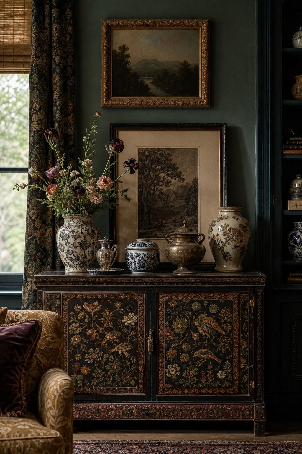 Maximalist furniture guide photo for section 4, a patterned cabinet, showing patterned cabinet with painted panels, brass hardware, collected ceramics, leaning art, flowers, and layered wall color. The image is styled like realistic editorial interior photography with layered color, pattern, texture, natural daylight, and collected decor that feels bold without looking chaotic. Use this visual to help readers understand how one expressive furniture choice can anchor a room while still feeling in