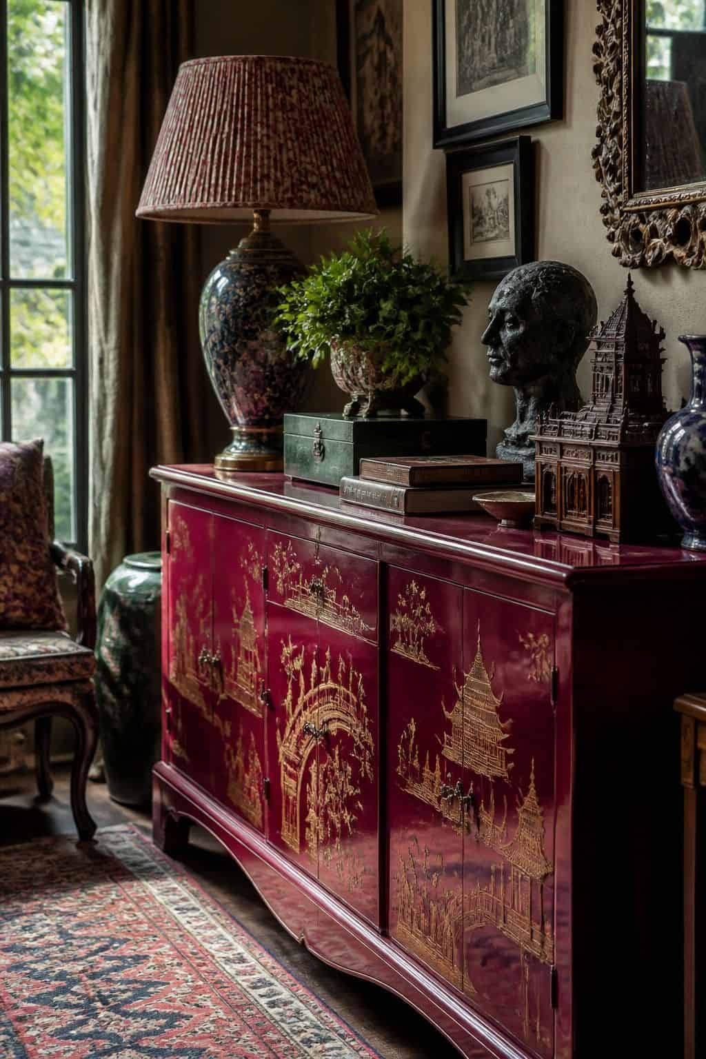 Maximalist furniture guide photo for section 5, a lacquered cabinet, showing glossy lacquered cabinet in a bold color, books, sculptural objects, ornate lamp, patterned rug, and imperfect lived-in details. The image is styled like realistic editorial interior photography with layered color, pattern, texture, natural daylight, and collected decor that feels bold without looking chaotic. Use this visual to help readers understand how one expressive furniture choice can anchor a room while still fe