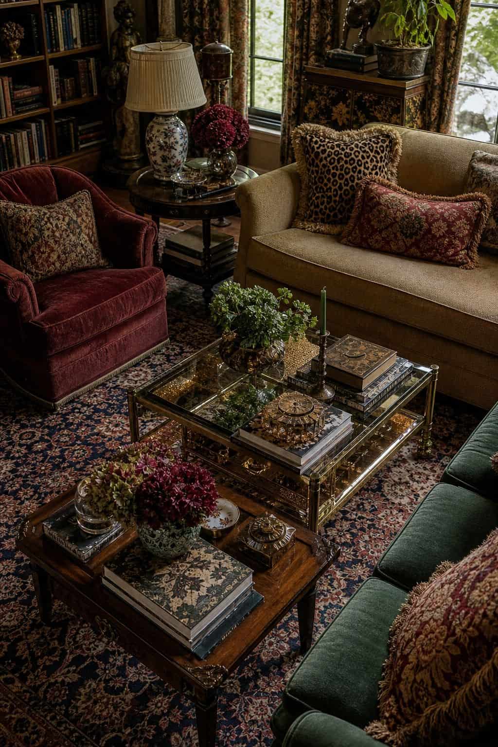 Maximalist furniture guide photo for section 6, mixed-era coffee tables, showing mixed-era coffee tables combining glass, wood, and brass with art books, trays, flowers, and layered seating around them. The image is styled like realistic editorial interior photography with layered color, pattern, texture, natural daylight, and collected decor that feels bold without looking chaotic. Use this visual to help readers understand how one expressive furniture choice can anchor a room while still feeli