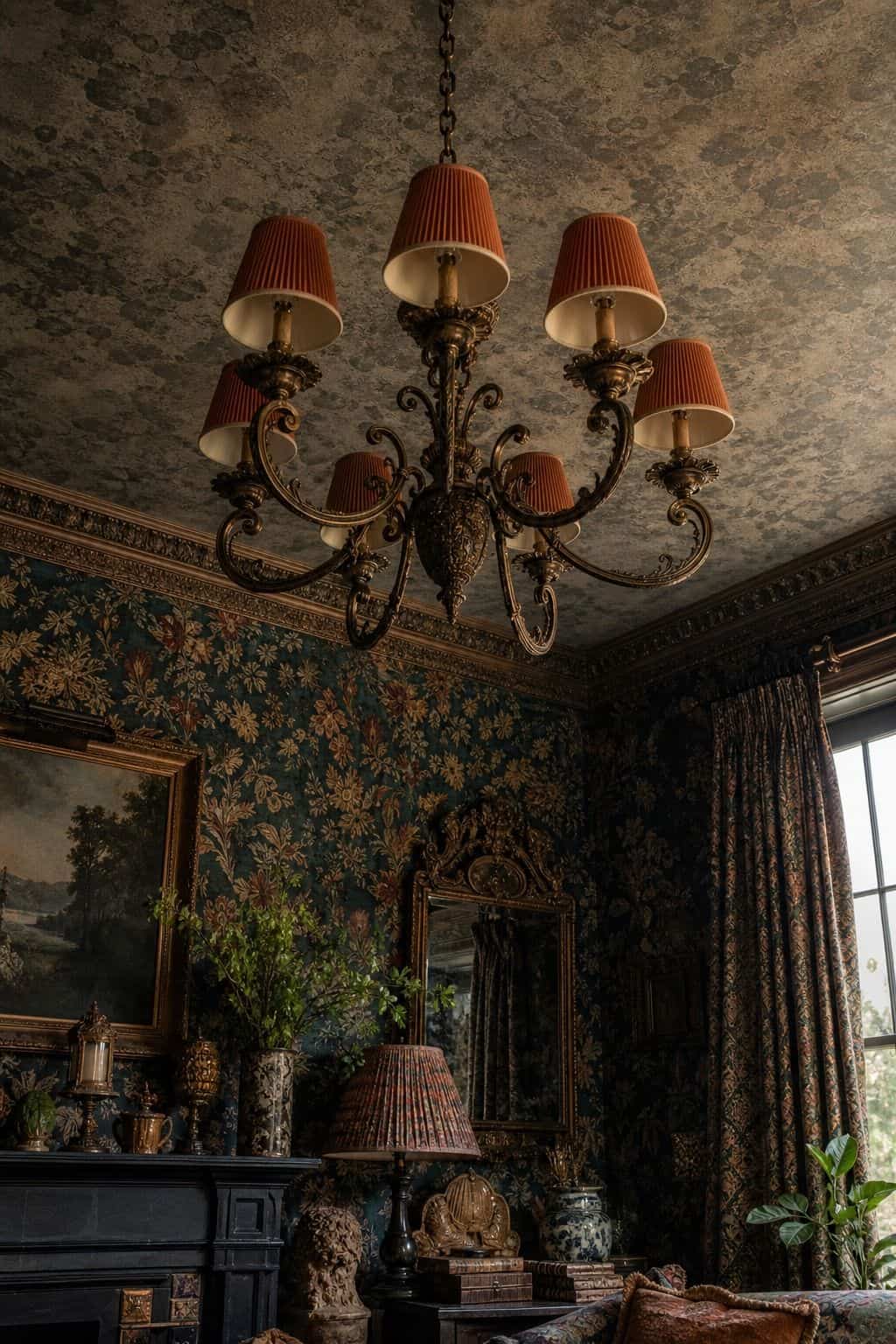 Maximalist furniture guide photo for section 7, sculptural lighting, showing sculptural lighting fixture over a maximalist room, warm metal, pleated shades, patterned walls, and collected furniture beneath. The image is styled like realistic editorial interior photography with layered color, pattern, texture, natural daylight, and collected decor that feels bold without looking chaotic. Use this visual to help readers understand how one expressive furniture choice can anchor a room while still f