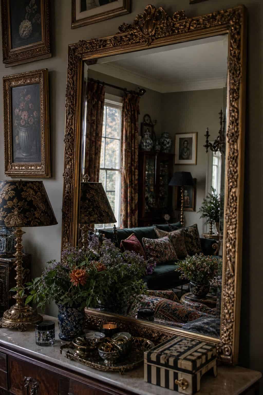 Maximalist furniture guide photo for section 8, an oversized mirror, showing oversized ornate mirror leaning above a console, reflecting layered maximalist furniture, flowers, and patterned textiles. The image is styled like realistic editorial interior photography with layered color, pattern, texture, natural daylight, and collected decor that feels bold without looking chaotic. Use this visual to help readers understand how one expressive furniture choice can anchor a room while still feeling