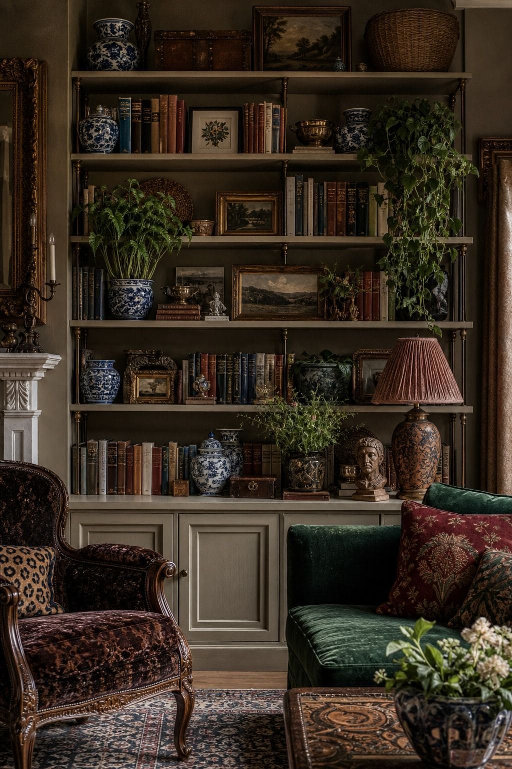 Maximalist furniture guide photo for section 9, open shelving, showing open shelving packed with books, ceramics, framed art, plants, baskets, and furniture below without looking cluttered. The image is styled like realistic editorial interior photography with layered color, pattern, texture, natural daylight, and collected decor that feels bold without looking chaotic. Use this visual to help readers understand how one expressive furniture choice can anchor a room while still feeling intentiona