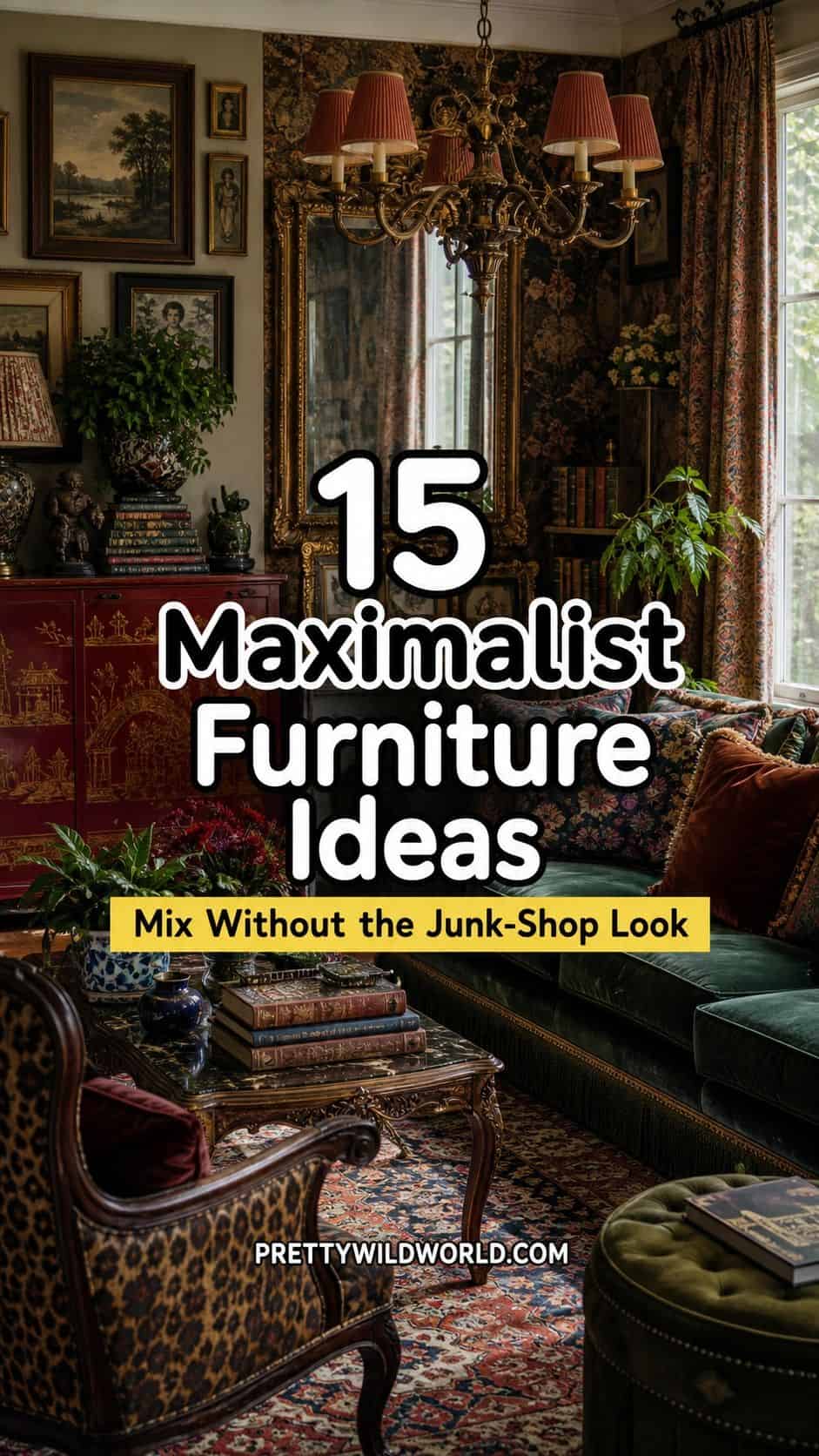 Pinterest pin for a Pretty Wild World maximalist furniture guide featuring a realistic, layered living room with a statement sofa, ornate seating, colorful storage, sculptural lighting, art, books, and patterned textiles. The graphic promotes 15 maximalist furniture ideas and the promise of mixing bold pieces without a junk-shop look, helping readers save a polished interior design listicle for later decorating inspiration.