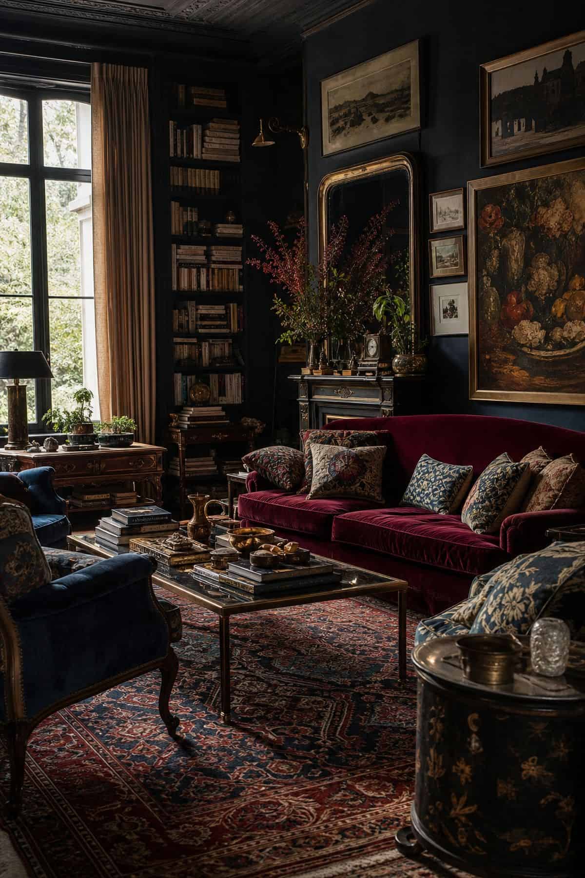 1. A Vintage Persian Rug styled for a maximalist rug ideas article, shown as realistic editorial interior photography with a layered maximalist living room with a worn jewel-toned Persian rug anchoring velvet seating, stacked books, brass accents, patterned pillows, and collected art. The image emphasizes how the rug shapes the whole room through color, pattern, scale, and layered texture while still feeling lived in and attainable. Soft natural daylight, imperfect vintage details, books, art,