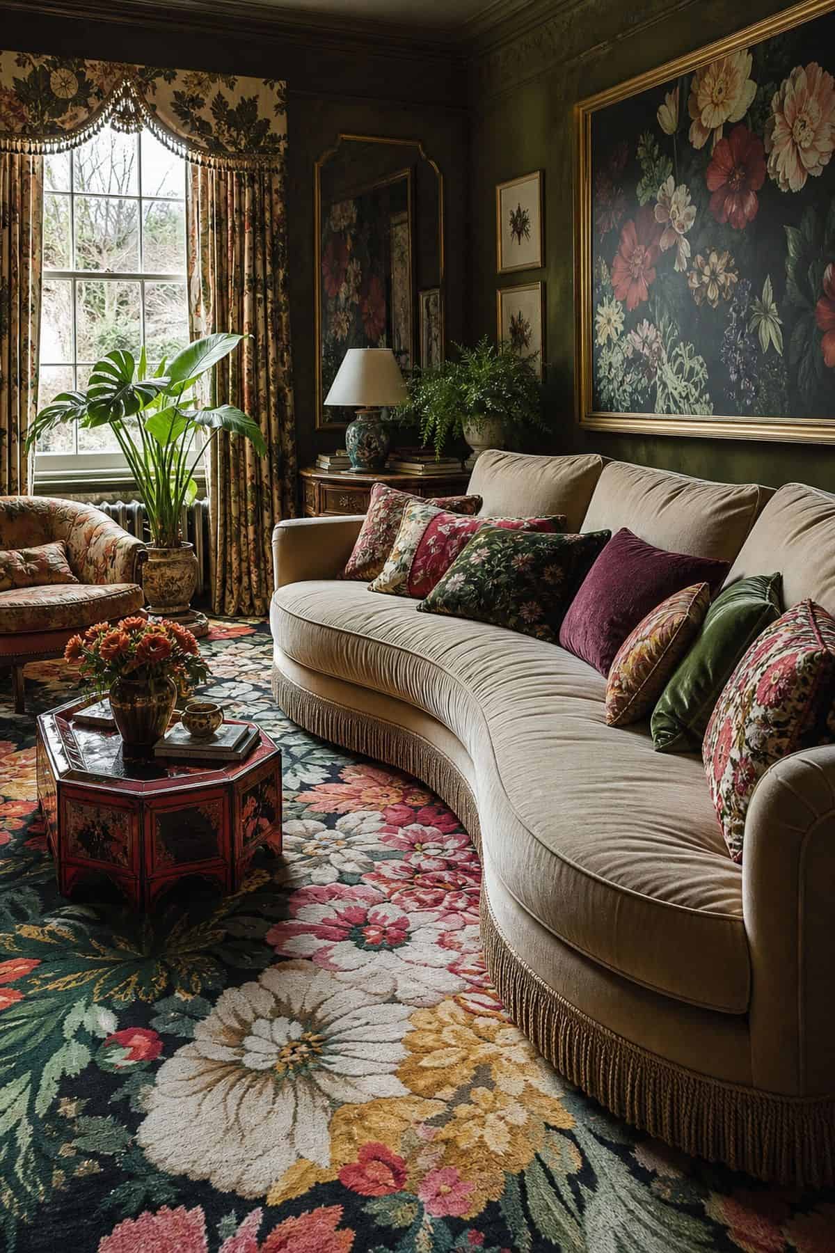 2. A Bold Floral Rug styled for a maximalist rug ideas article, shown as realistic editorial interior photography with a maximalist sitting room where a large-scale floral rug blooms across the floor beneath a curved sofa, lacquered side table, colorful cushions, and botanical art. The image emphasizes how the rug shapes the whole room through color, pattern, scale, and layered texture while still feeling lived in and attainable. Soft natural daylight, imperfect vintage details, books, art, tex