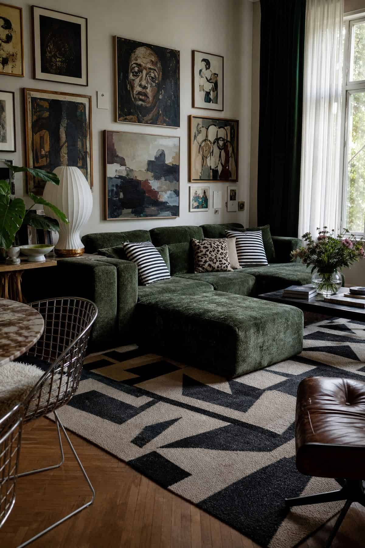 3. A Graphic Geometric Rug styled for a maximalist rug ideas article, shown as realistic editorial interior photography with a punchy maximalist lounge with a high-contrast geometric rug under modular seating, sculptural lamp, striped pillows, and a gallery wall. The image emphasizes how the rug shapes the whole room through color, pattern, scale, and layered texture while still feeling lived in and attainable. Soft natural daylight, imperfect vintage details, books, art, textiles, and tactile