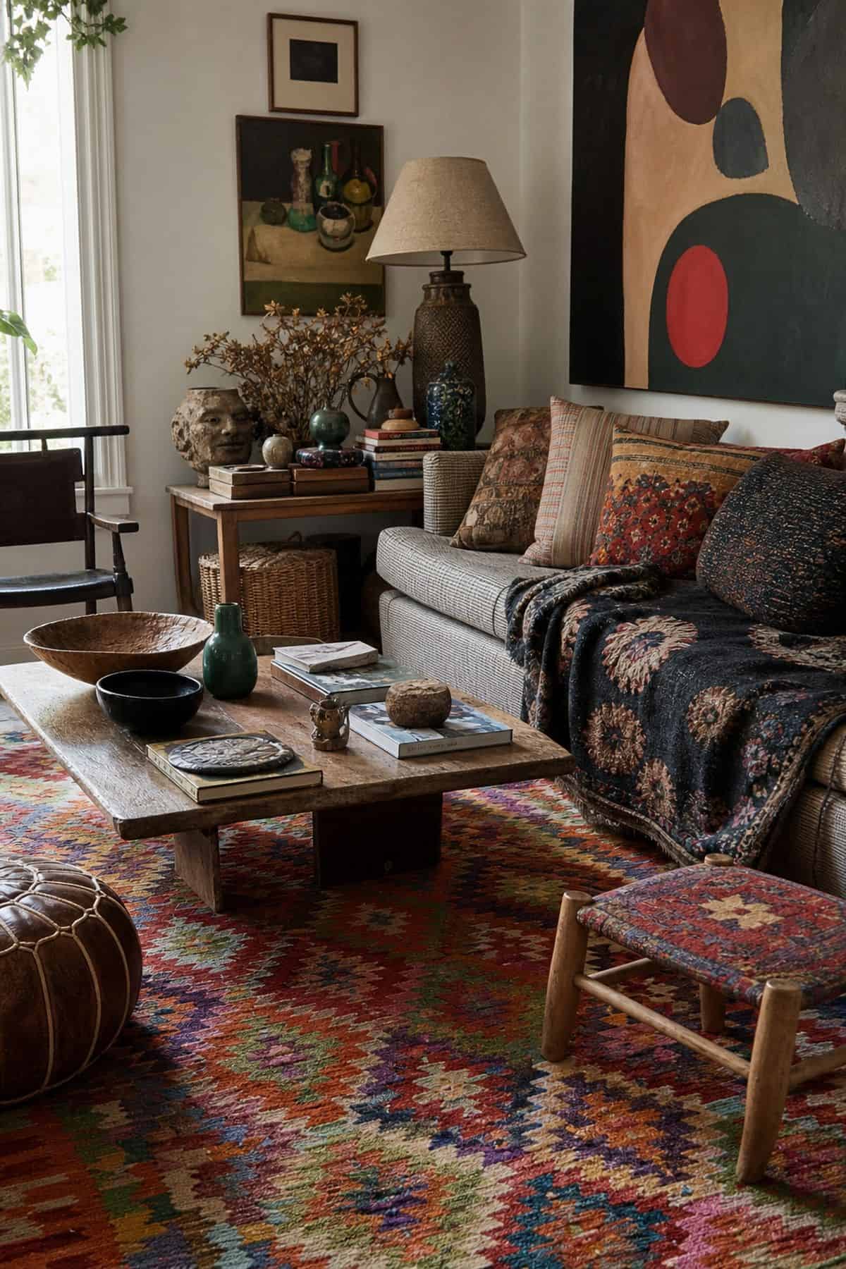 4. A Colorful Kilim styled for a maximalist rug ideas article, shown as realistic editorial interior photography with a vibrant flat-woven kilim rug layered in a cozy maximalist room with low wood furniture, patterned textiles, woven baskets, and saturated artwork. The image emphasizes how the rug shapes the whole room through color, pattern, scale, and layered texture while still feeling lived in and attainable. Soft natural daylight, imperfect vintage details, books, art, textiles, and tactil