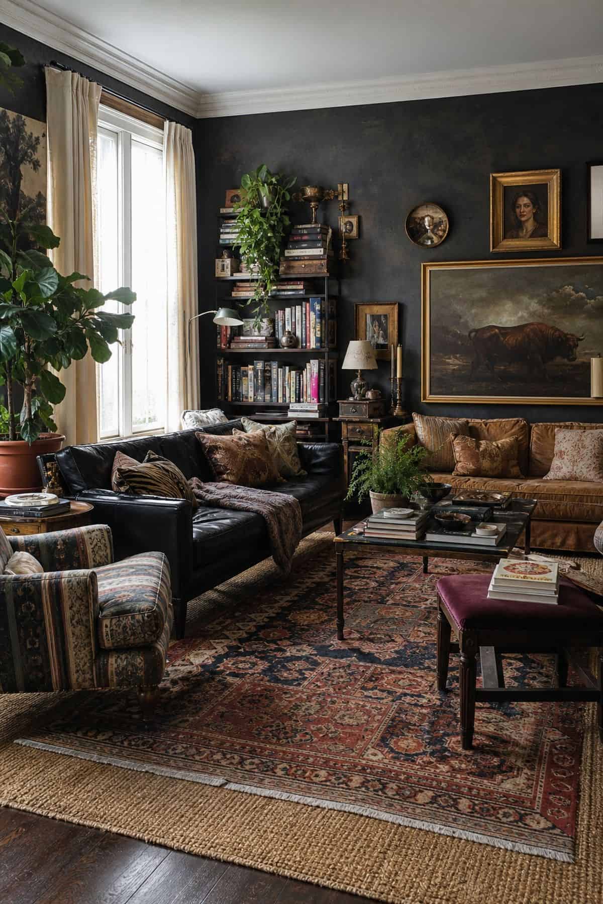5. Layered Rugs styled for a maximalist rug ideas article, shown as realistic editorial interior photography with two layered rugs in a maximalist living room, a large neutral base under a smaller ornate patterned rug, with plush seating, plants, books, and mixed textures. The image emphasizes how the rug shapes the whole room through color, pattern, scale, and layered texture while still feeling lived in and attainable. Soft natural daylight, imperfect vintage details, books, art, textiles, an