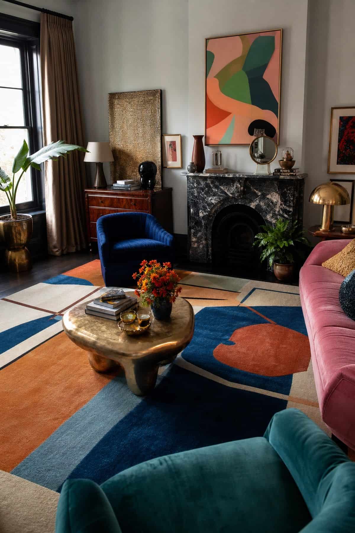 6. A Color-Block Rug styled for a maximalist rug ideas article, shown as realistic editorial interior photography with a modern maximalist room with a saturated color-block rug beneath a sculptural coffee table, jewel-tone chairs, playful art, and glossy decor accents. The image emphasizes how the rug shapes the whole room through color, pattern, scale, and layered texture while still feeling lived in and attainable. Soft natural daylight, imperfect vintage details, books, art, textiles, and ta