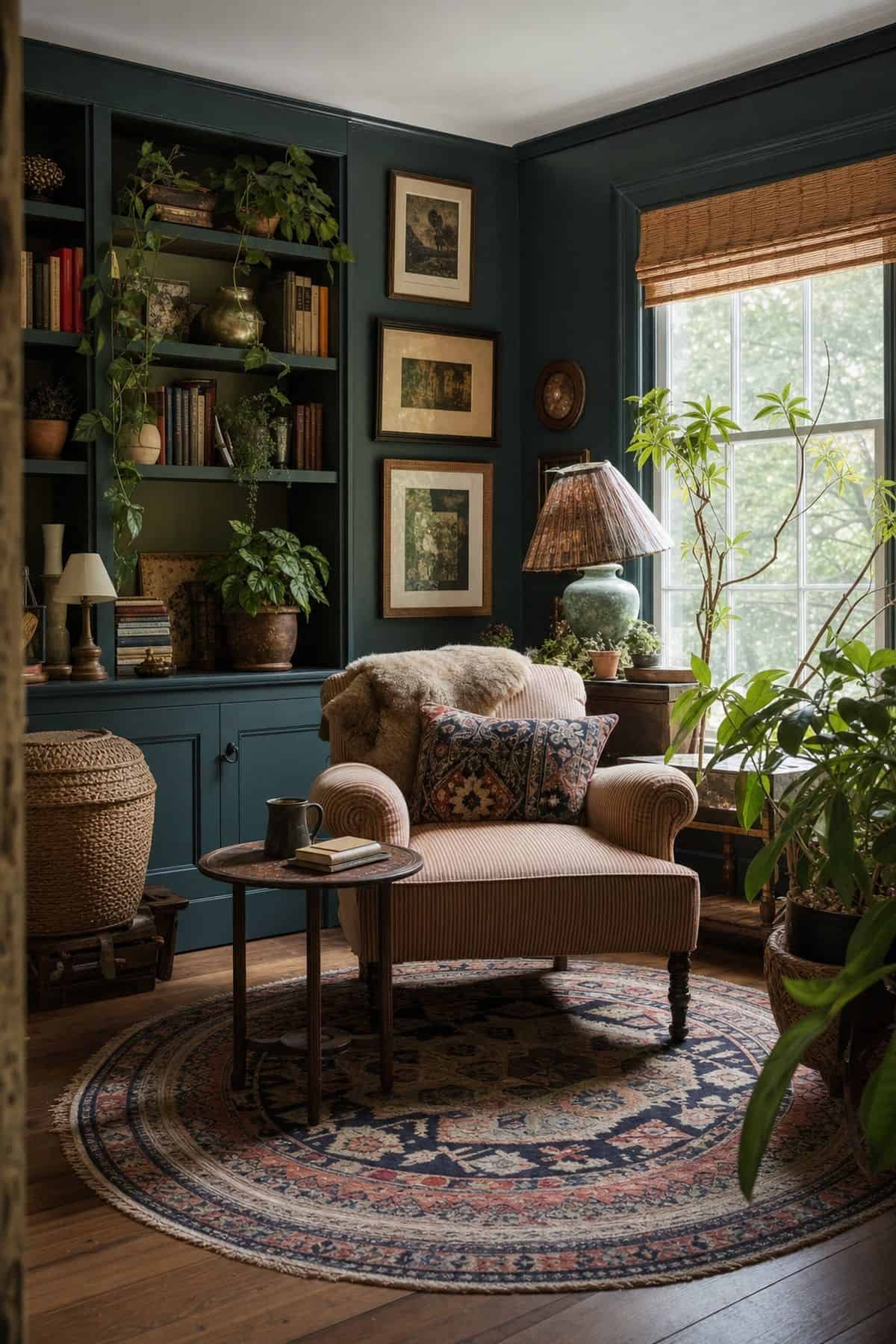 8. A Round Patterned Rug styled for a maximalist rug ideas article, shown as realistic editorial interior photography with a maximalist reading nook with a round patterned rug beneath a small table and lounge chair, surrounded by shelves, plants, layered pillows, and art. The image emphasizes how the rug shapes the whole room through color, pattern, scale, and layered texture while still feeling lived in and attainable. Soft natural daylight, imperfect vintage details, books, art, textiles, and
