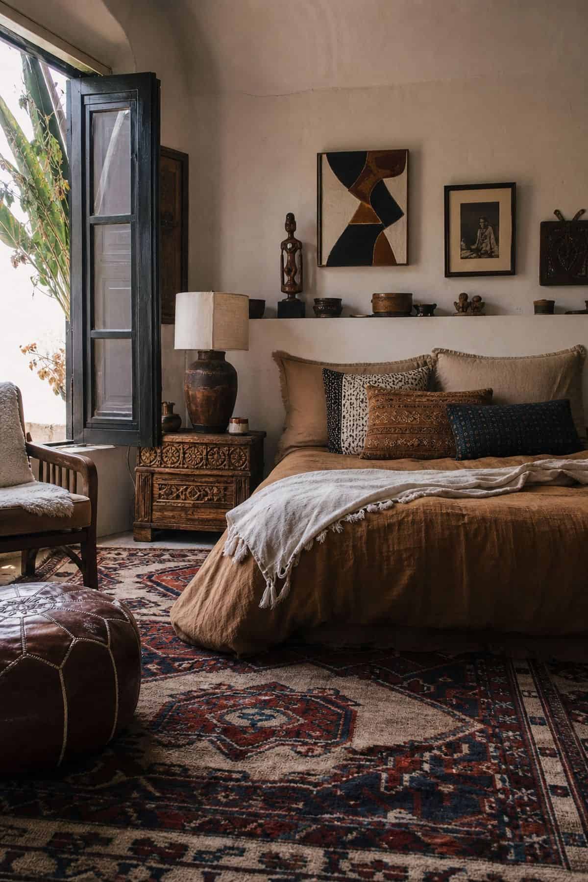 9. A Moroccan-Style Rug styled for a maximalist rug ideas article, shown as realistic editorial interior photography with a textured maximalist bedroom with a Moroccan-style rug, low bed, linen bedding, carved wood nightstand, ceramic lamp, patterned cushions, and collected wall pieces. The image emphasizes how the rug shapes the whole room through color, pattern, scale, and layered texture while still feeling lived in and attainable. Soft natural daylight, imperfect vintage details, books, art