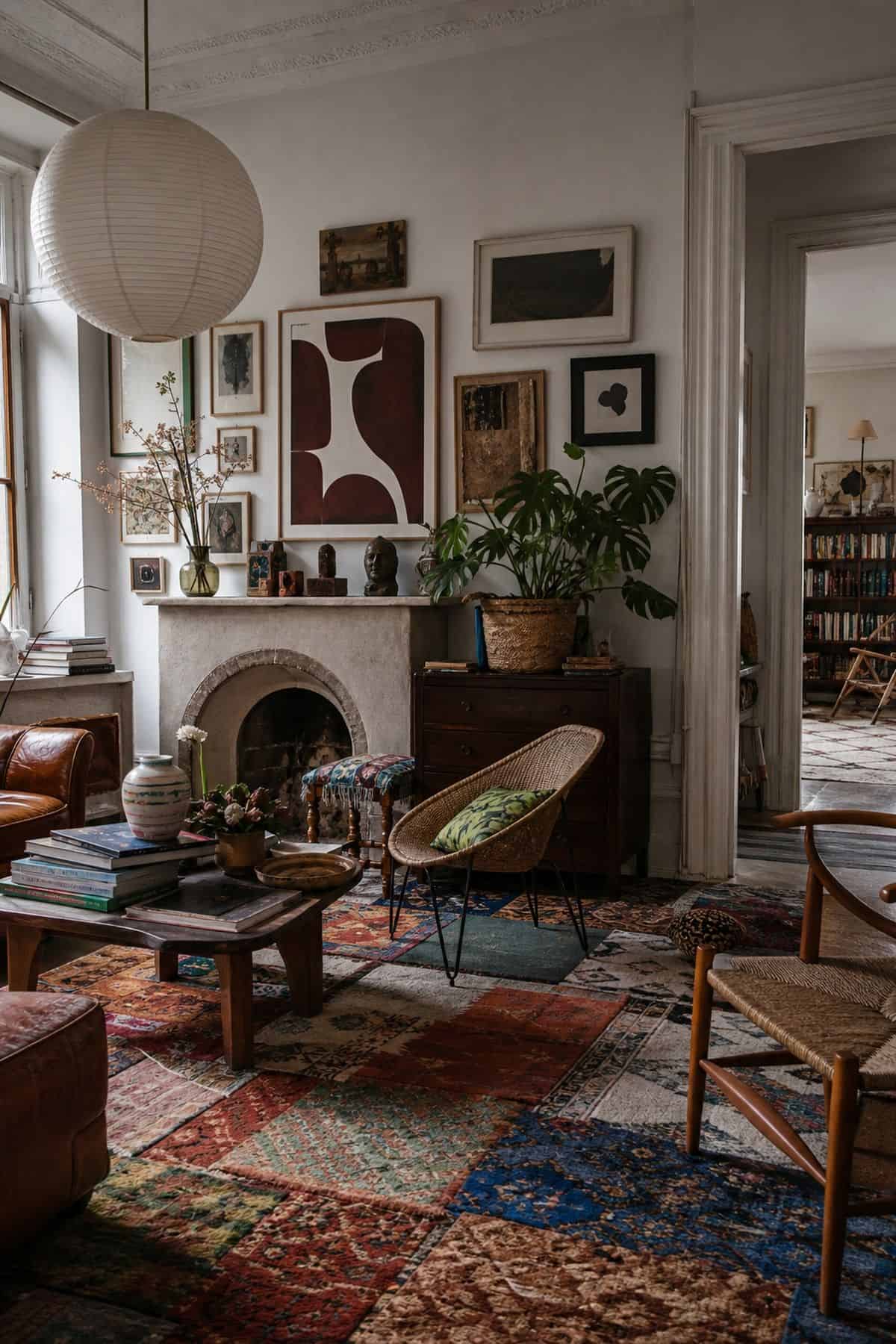 10. A Patchwork Rug styled for a maximalist rug ideas article, shown as realistic editorial interior photography with an eclectic maximalist living area with a patchwork rug combining many colors and motifs, mismatched chairs, stacked textiles, ceramics, and layered artwork. The image emphasizes how the rug shapes the whole room through color, pattern, scale, and layered texture while still feeling lived in and attainable. Soft natural daylight, imperfect vintage details, books, art, textiles,