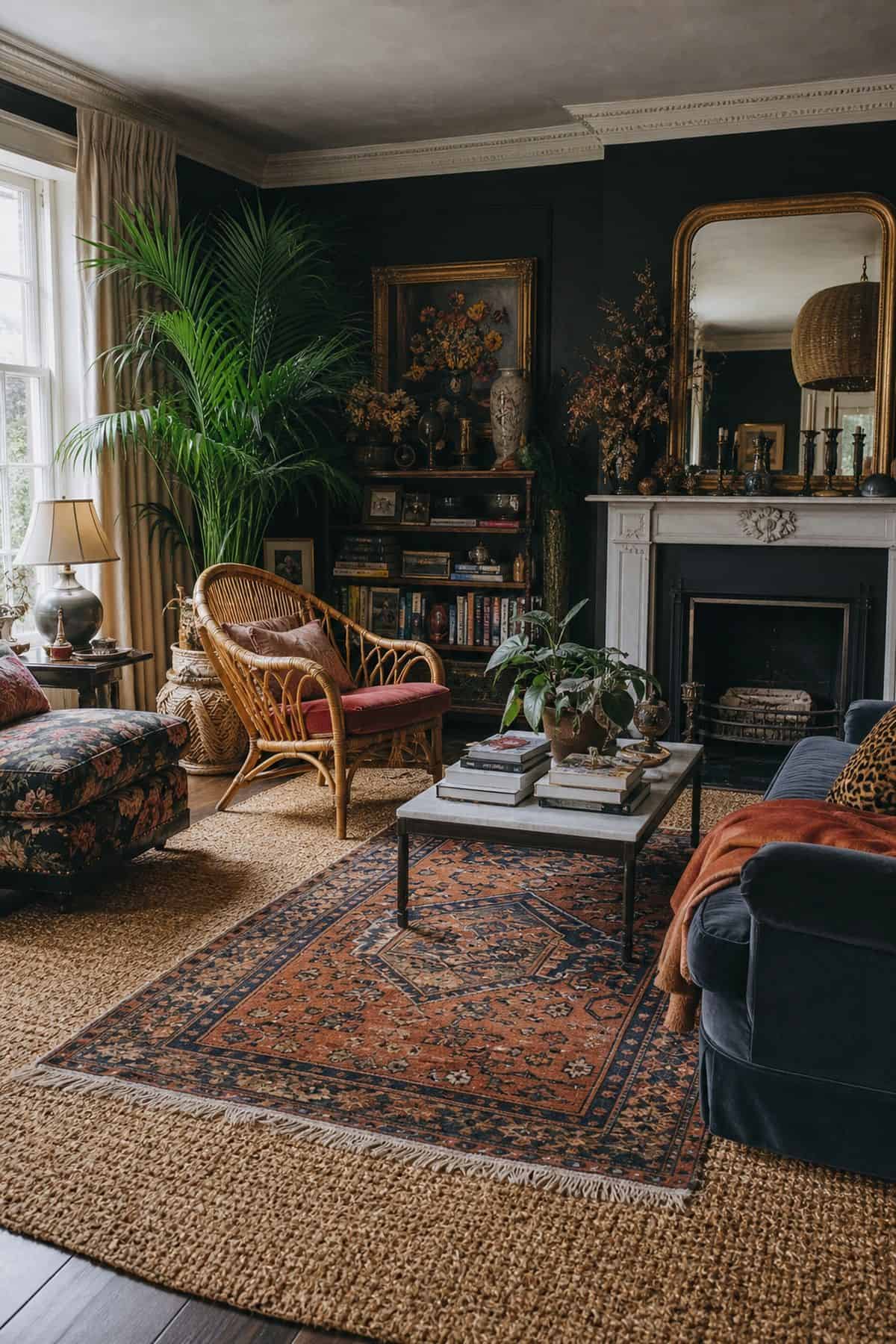 11. A Jute Layering Base styled for a maximalist rug ideas article, shown as realistic editorial interior photography with a maximalist room showing a large jute rug as a grounding base beneath a smaller ornate rug, with rattan, velvet, books, plants, and patterned upholstery. The image emphasizes how the rug shapes the whole room through color, pattern, scale, and layered texture while still feeling lived in and attainable. Soft natural daylight, imperfect vintage details, books, art, textiles