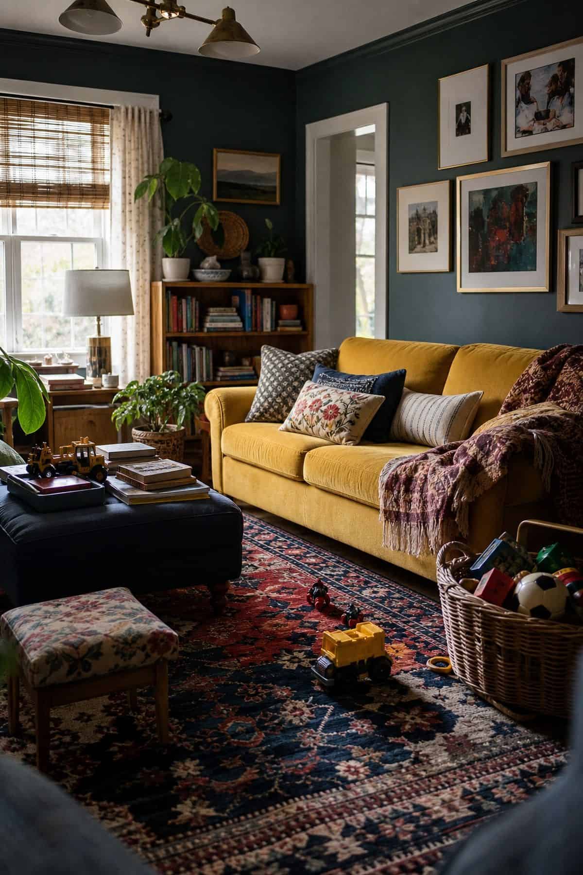 12. A Washable Bold Rug styled for a maximalist rug ideas article, shown as realistic editorial interior photography with a practical maximalist family room with a washable bold patterned rug, cheerful sofa, toys tucked into baskets, colorful pillows, and lived-in natural daylight. The image emphasizes how the rug shapes the whole room through color, pattern, scale, and layered texture while still feeling lived in and attainable. Soft natural daylight, imperfect vintage details, books, art, tex