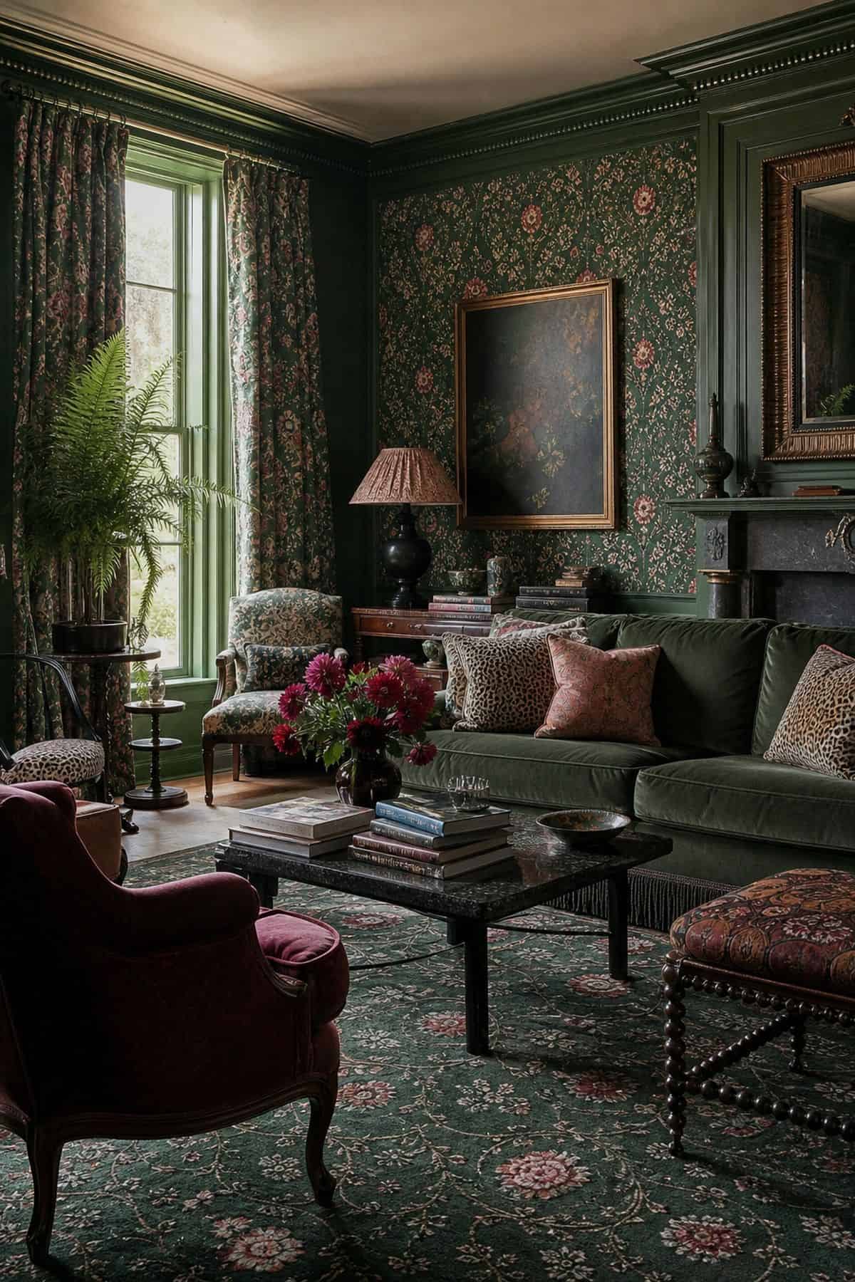 13. A Rug That Echoes the Walls styled for a maximalist rug ideas article, shown as realistic editorial interior photography with a maximalist room where the rug echoes the wall color and wallpaper pattern, tying together painted walls, patterned drapes, art, and layered seating. The image emphasizes how the rug shapes the whole room through color, pattern, scale, and layered texture while still feeling lived in and attainable. Soft natural daylight, imperfect vintage details, books, art, texti