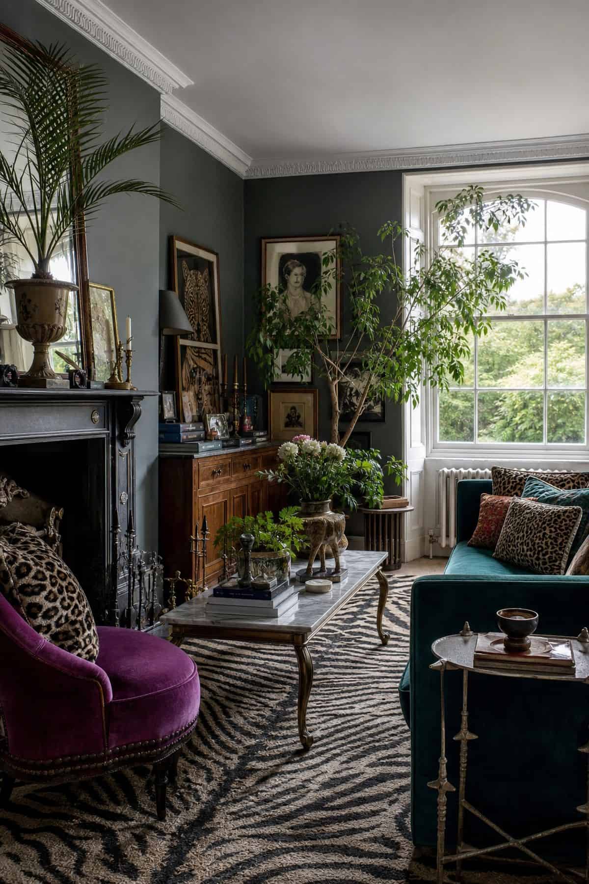 14. An Animal-Print Rug styled for a maximalist rug ideas article, shown as realistic editorial interior photography with a dramatic maximalist room with a leopard or zebra inspired rug styled as a neutral, surrounded by jewel-tone furniture, brass, art, and mixed patterns. The image emphasizes how the rug shapes the whole room through color, pattern, scale, and layered texture while still feeling lived in and attainable. Soft natural daylight, imperfect vintage details, books, art, textiles, a