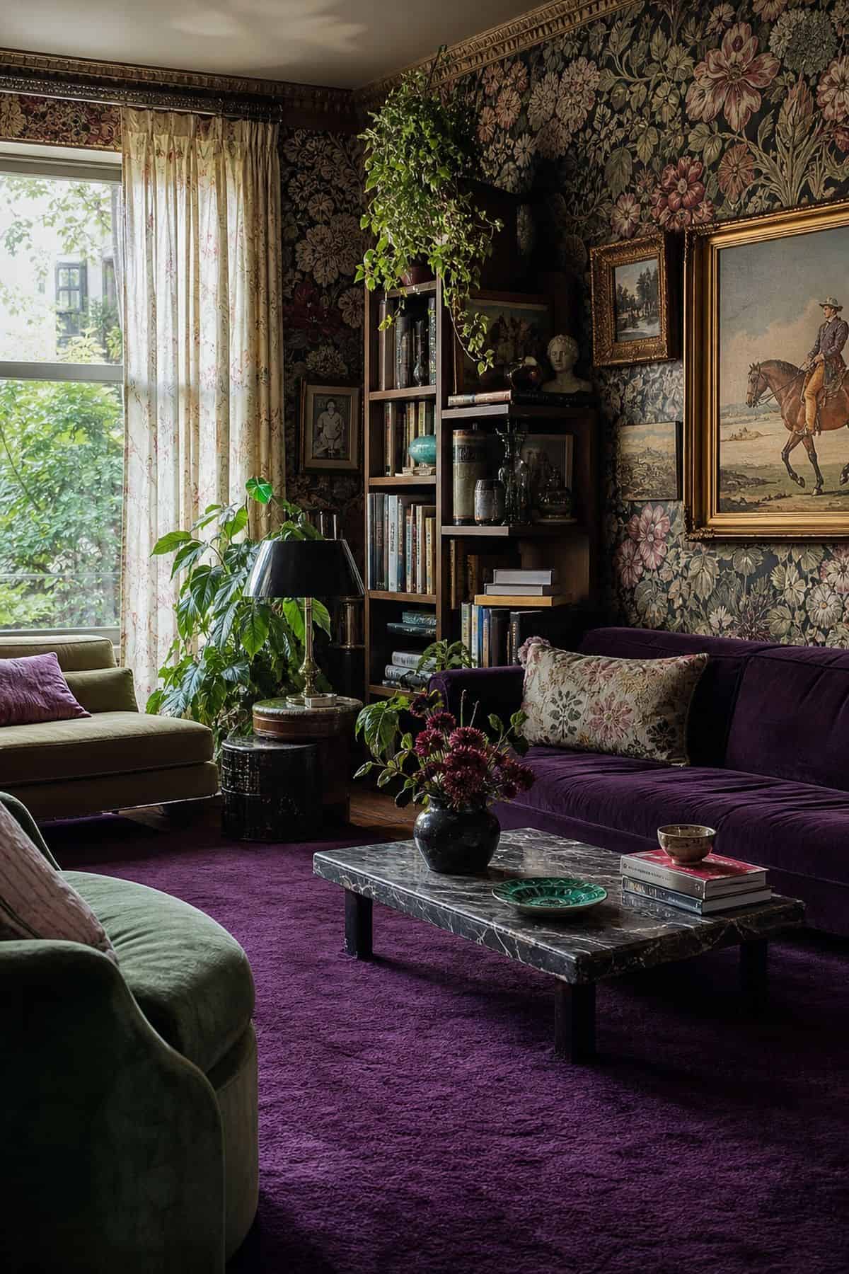 15. A Saturated Solid Rug styled for a maximalist rug ideas article, shown as realistic editorial interior photography with a maximalist room anchored by a deep saturated solid rug in emerald or plum, with patterned walls, velvet furniture, colored glass, and abundant art. The image emphasizes how the rug shapes the whole room through color, pattern, scale, and layered texture while still feeling lived in and attainable. Soft natural daylight, imperfect vintage details, books, art, textiles, an