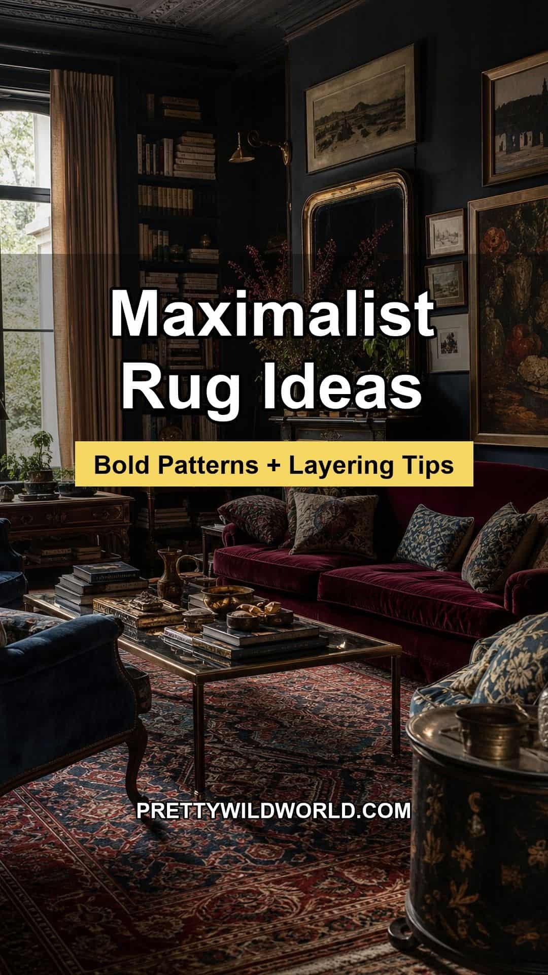 Pinterest pin for Maximalist Rug Ideas, designed with one bold editorial interior image and a centered title about colorful, layered rug styling. The graphic is made for Pretty Wild World readers who want confident rug inspiration for maximalist rooms, including Persian, floral, geometric, kilim, animal-print, solid, and layered looks. It uses clear branding, strong contrast, and a warm yellow subtitle bar for saving and sharing.
