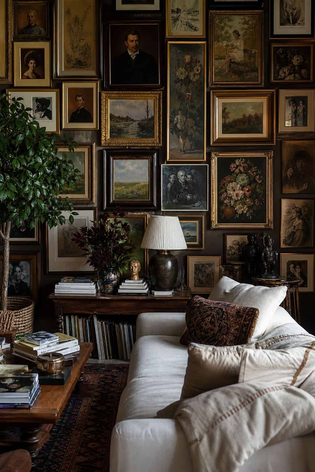 Editorial-style maximalist wall decor idea showing a salon gallery wall in a layered home interior with saturated color, collected objects, varied frames, tactile materials, and soft natural daylight. The scene feels realistic and lived in, with imperfect spacing, rich texture, and a bold wall treatment that demonstrates how to make a blank wall feel personal, abundant, and intentional without looking like a showroom. It highlights dense floor-to-ceiling art placement and mixed frame finish