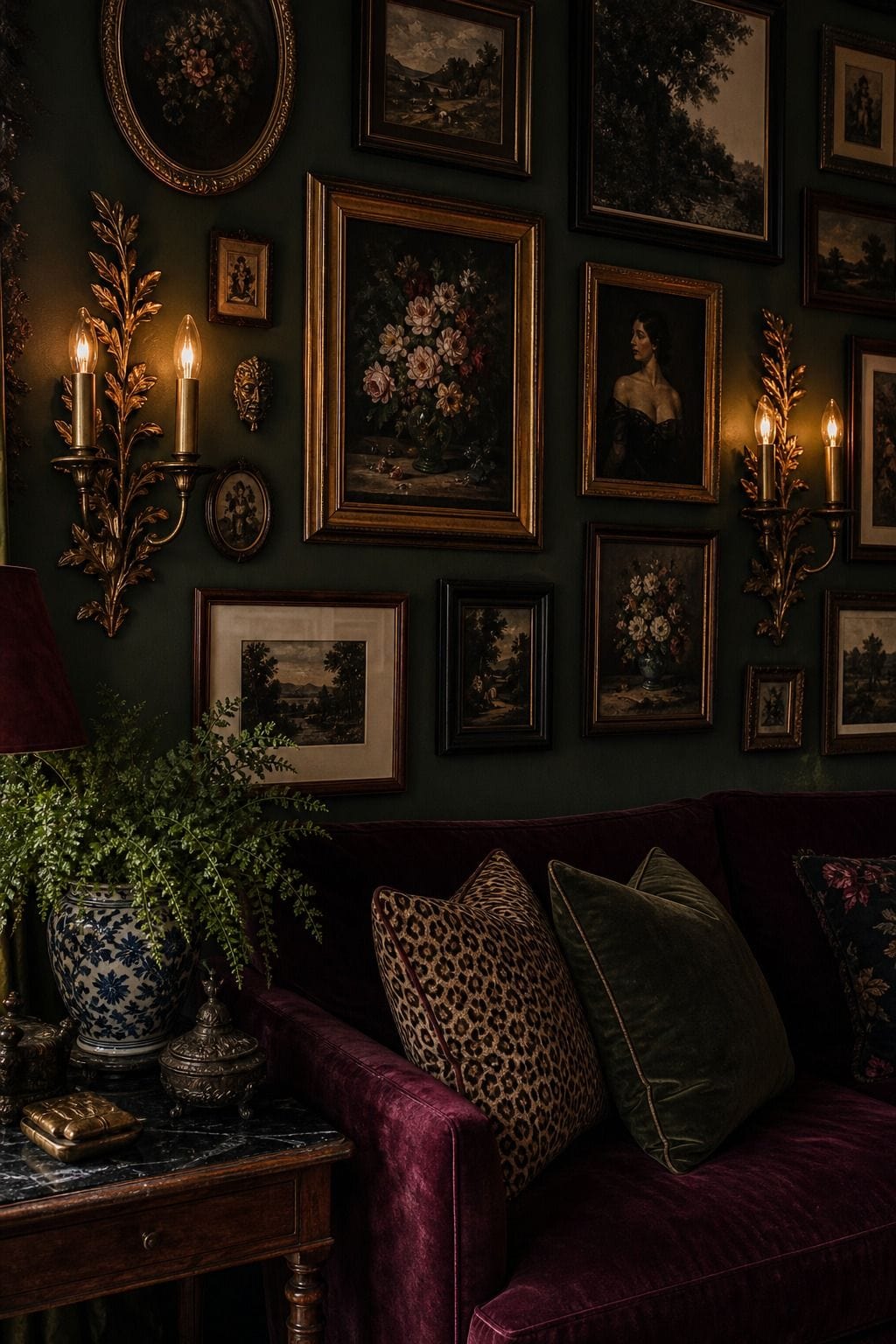 Editorial-style maximalist wall decor idea showing sconces as decor in a layered home interior with saturated color, collected objects, varied frames, tactile materials, and soft natural daylight. The scene feels realistic and lived in, with imperfect spacing, rich texture, and a bold wall treatment that demonstrates how to make a blank wall feel personal, abundant, and intentional without looking like a showroom. It features sconces as decorative wall objects that add warmth, shape, and a 
