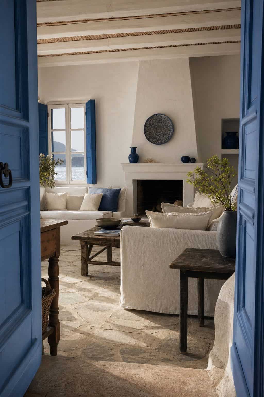 Greek Blue and Warm White shown in a realistic Mediterranean interior with white plaster Greek island living room with cobalt blue shutters, blue ceramic accents, linen sofa, stone floor, sea-bright but realistic Mediterranean palette. Plaster, linen, aged wood, ceramics, and soft daylight make the palette feel collected and lived-in. Save this for Greek blue and white decor, Mediterranean color palette, blue and white interior ideas, and sun washed home decor when planning a warm European home.