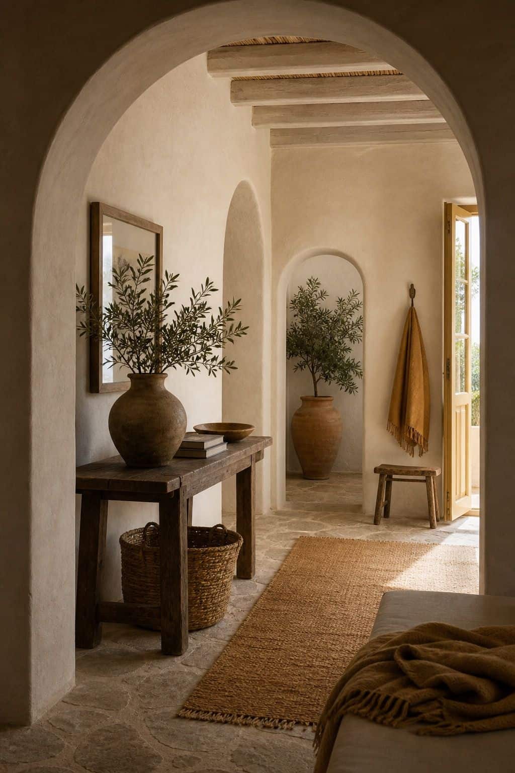 Ochre and Warm White shown in a realistic Mediterranean interior with Mediterranean hallway with limewashed walls, ochre textiles, arched doorway, antique wood console, ceramic vessel styling. Textured plaster, linen, aged wood, handmade ceramics, and soft daylight make the palette feel collected, earthy, and lived-in. Save this for ochre color palette, Mediterranean color palette, limewash walls, and sun washed home decor when planning a warm European-inspired home.