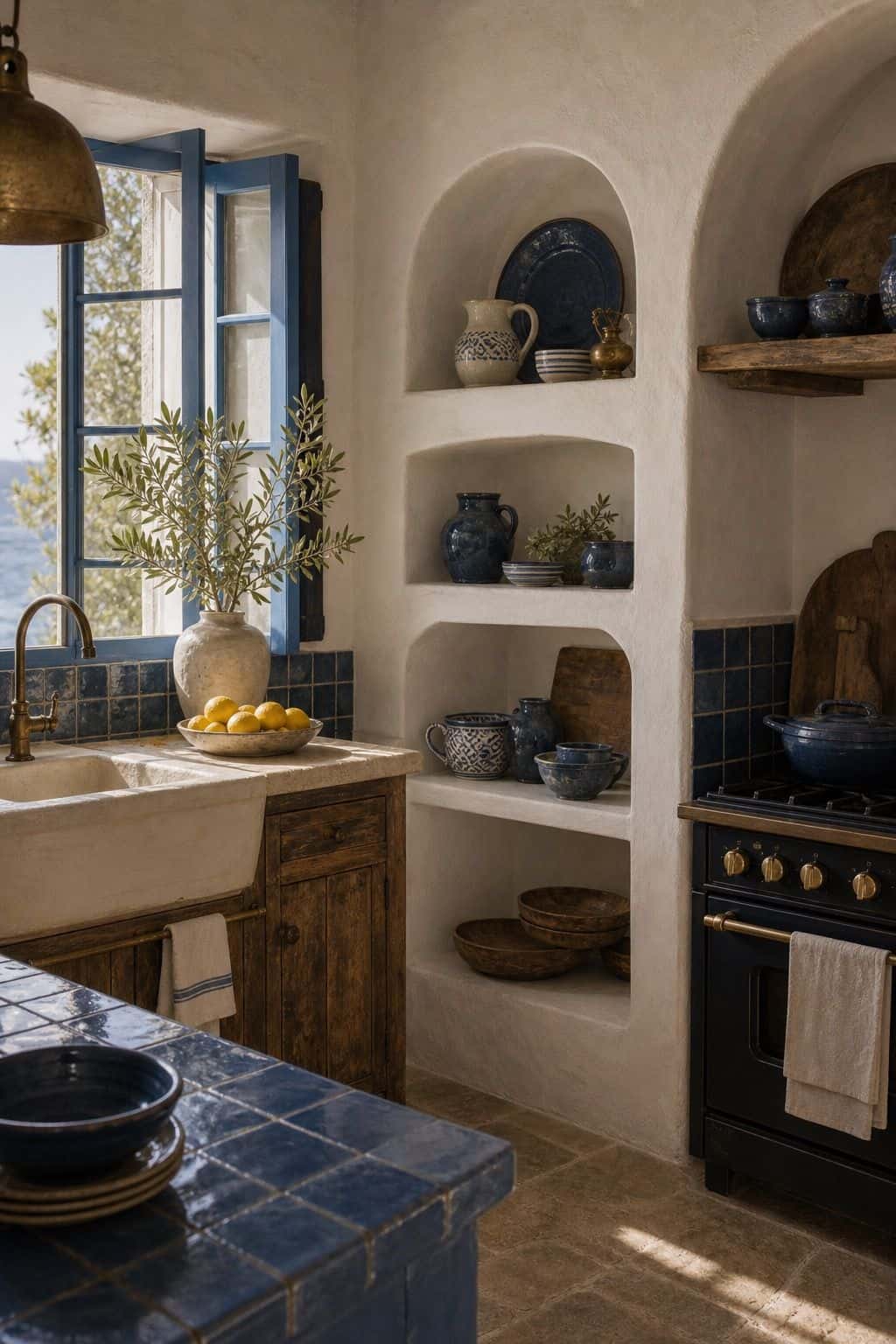 Cobalt and Lime-Wash White shown in a realistic Mediterranean interior with kitchen with cobalt blue tiles and ceramics, arched niche shelves, aged brass details, rustic Mediterranean sunlight. Textured plaster, linen, aged wood, handmade ceramics, and soft daylight make the palette feel collected, earthy, and lived-in. Save this for cobalt blue decor, coastal Mediterranean decor, blue and white interior ideas, and Mediterranean kitchen ideas when planning a warm European-inspired home.