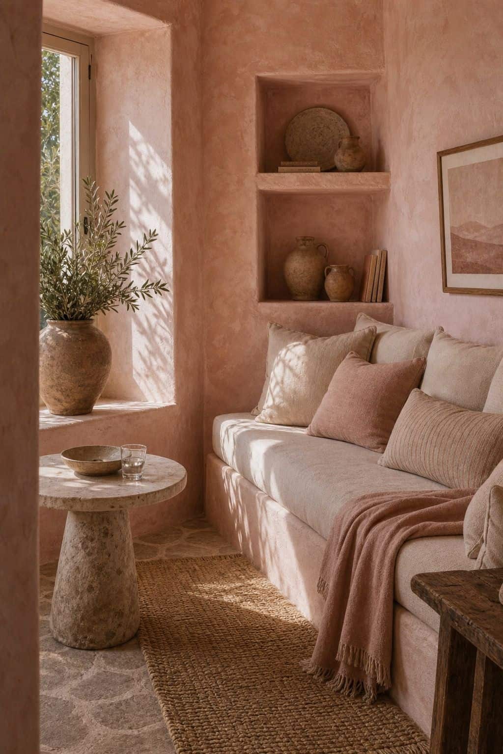 Plaster Pink and Sand shown in a realistic Mediterranean interior with Mediterranean sitting corner with blush mineral walls, sandy linen upholstery, woven rug, stone side table, subtle romantic warmth. Textured plaster, linen, aged wood, handmade ceramics, and soft daylight make the palette feel collected, earthy, and lived-in. Save this for plaster wall colors, Mediterranean home decor, warm neutral interiors, and European summer home decor when planning a warm European-inspired home.
