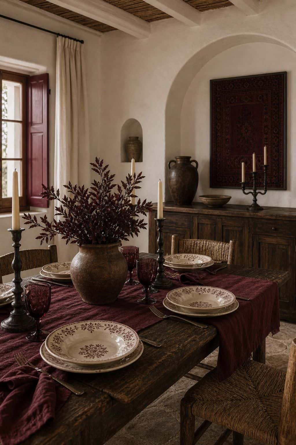 Burgundy and Warm White shown in a realistic Mediterranean interior with Mediterranean dining room with burgundy textiles, warm white plaster, dark rustic wood, candleholders and ceramic plates. Textured plaster, linen, aged wood, handmade ceramics, and soft daylight make the palette feel collected, earthy, and lived-in. Save this for burgundy decor ideas, Mediterranean dining room ideas, warm home color palette, and rustic Mediterranean decor when planning a warm European-inspired home.