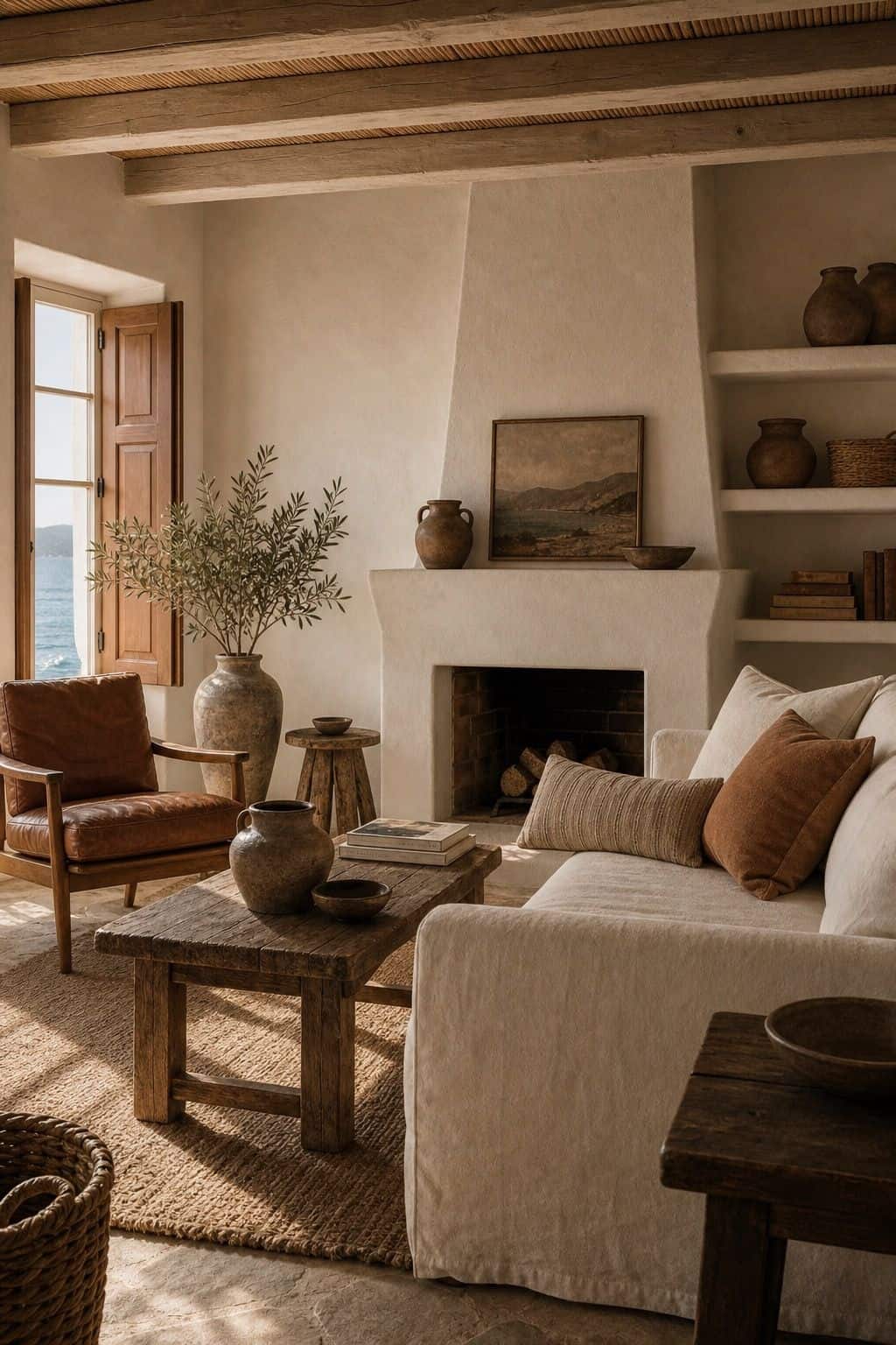 Caramel and Cream shown in a realistic Mediterranean interior with Mediterranean living room with caramel leather chair, cream plaster walls, warm wood beams, clay ceramics, woven textures. Textured plaster, linen, aged wood, handmade ceramics, and soft daylight make the palette feel collected, earthy, and lived-in. Save this for caramel color palette, Mediterranean living room ideas, warm home color palette, and earthy color palette when planning a warm European-inspired home.