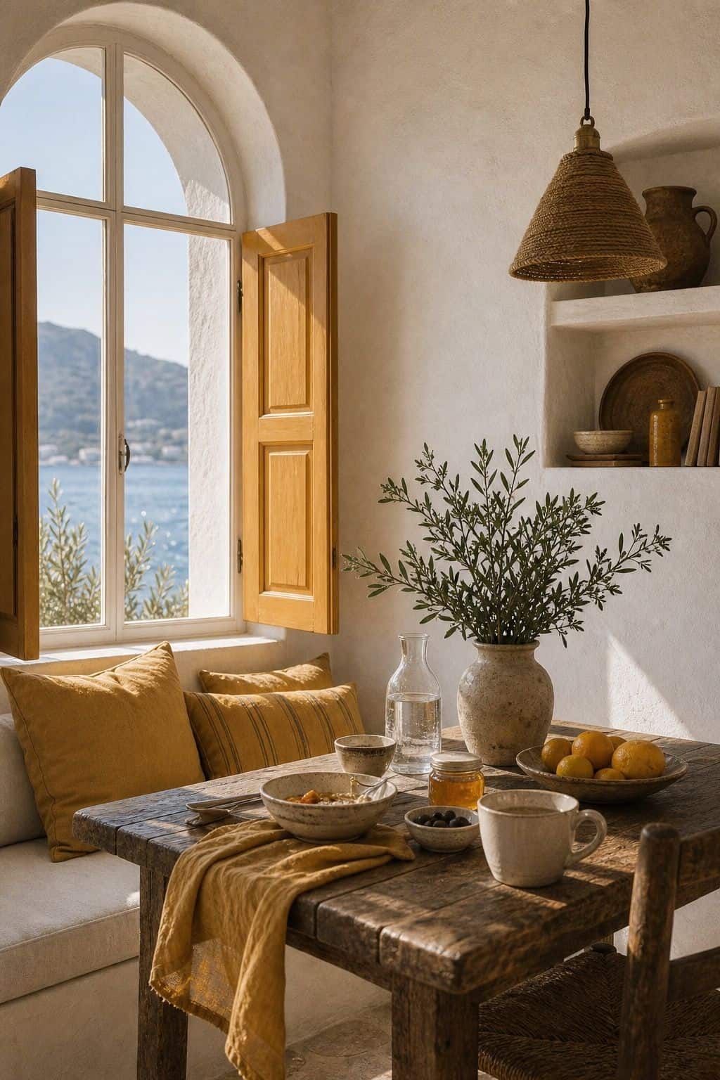 Saffron and Warm White shown in a realistic Mediterranean interior with Mediterranean breakfast nook with saffron textiles, white plaster walls, handmade dishes, arched window, rustic table. Textured plaster, linen, aged wood, handmade ceramics, and soft daylight make the palette feel collected, earthy, and lived-in. Save this for saffron color palette, Mediterranean home decor, warm kitchen ideas, and sun washed home decor when planning a warm European-inspired home.