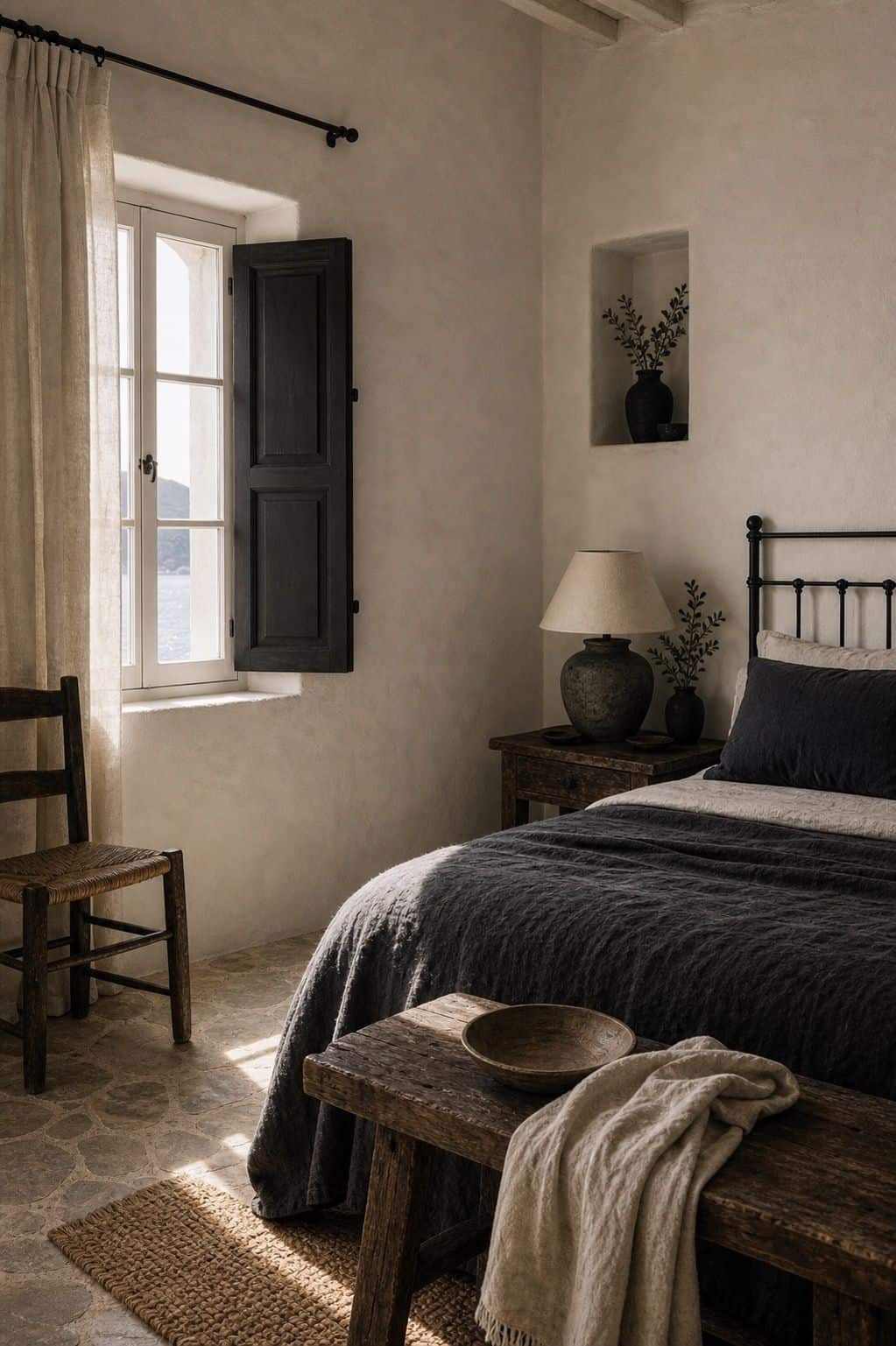 Charcoal and Lime-Wash White shown in a realistic Mediterranean interior with Mediterranean bedroom with charcoal linen accents, textured white plaster, black iron details, weathered wood, stone floor. Textured plaster, linen, aged wood, handmade ceramics, and soft daylight make the palette feel collected, earthy, and lived-in. Save this for charcoal bedroom ideas, limewash walls, Mediterranean interior design, and warm neutral interiors when planning a warm European-inspired home.