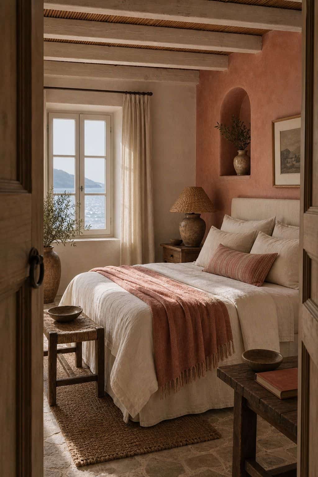 Dusty Coral and Cream shown in a realistic Mediterranean interior with Mediterranean guest room with coral plaster accent, cream bedding, ceramic lamps, woven shades, aged wood details. Textured plaster, linen, aged wood, handmade ceramics, and soft daylight make the palette feel collected, earthy, and lived-in. Save this for dusty coral decor, Mediterranean bedroom ideas, plaster wall colors, and warm home color palette when planning a warm European-inspired home.