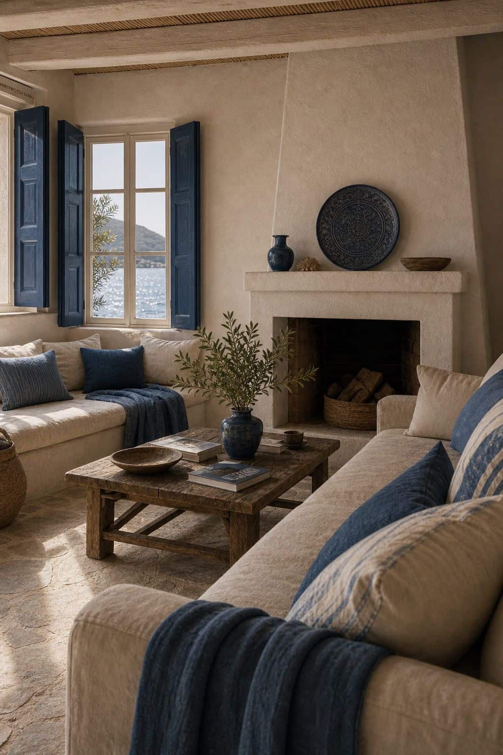 Denim Blue and Sand shown in a realistic Mediterranean interior with Mediterranean lounge with denim blue textiles, sandy stone walls, relaxed linen upholstery, rustic coffee table, coastal European feeling. Textured plaster, linen, aged wood, handmade ceramics, and soft daylight make the palette feel collected, earthy, and lived-in. Save this for denim blue decor, coastal Mediterranean decor, Mediterranean living room ideas, and earthy color palette when planning a warm European-inspired home.