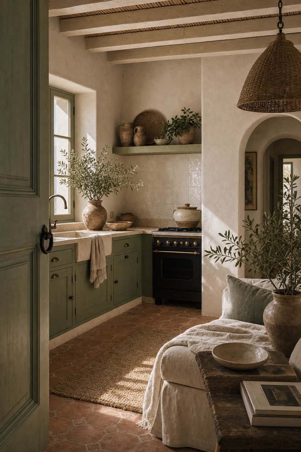 Sage and Plaster White shown in a realistic Mediterranean interior with Mediterranean kitchen or sitting room with sage cabinetry, white plaster, terracotta floor tile, linen and ceramic styling. Textured plaster, linen, aged wood, handmade ceramics, and soft daylight make the palette feel collected, earthy, and lived-in. Save this for sage green Mediterranean home, Mediterranean kitchen ideas, plaster white walls, and warm neutral interiors when planning a warm European-inspired home.