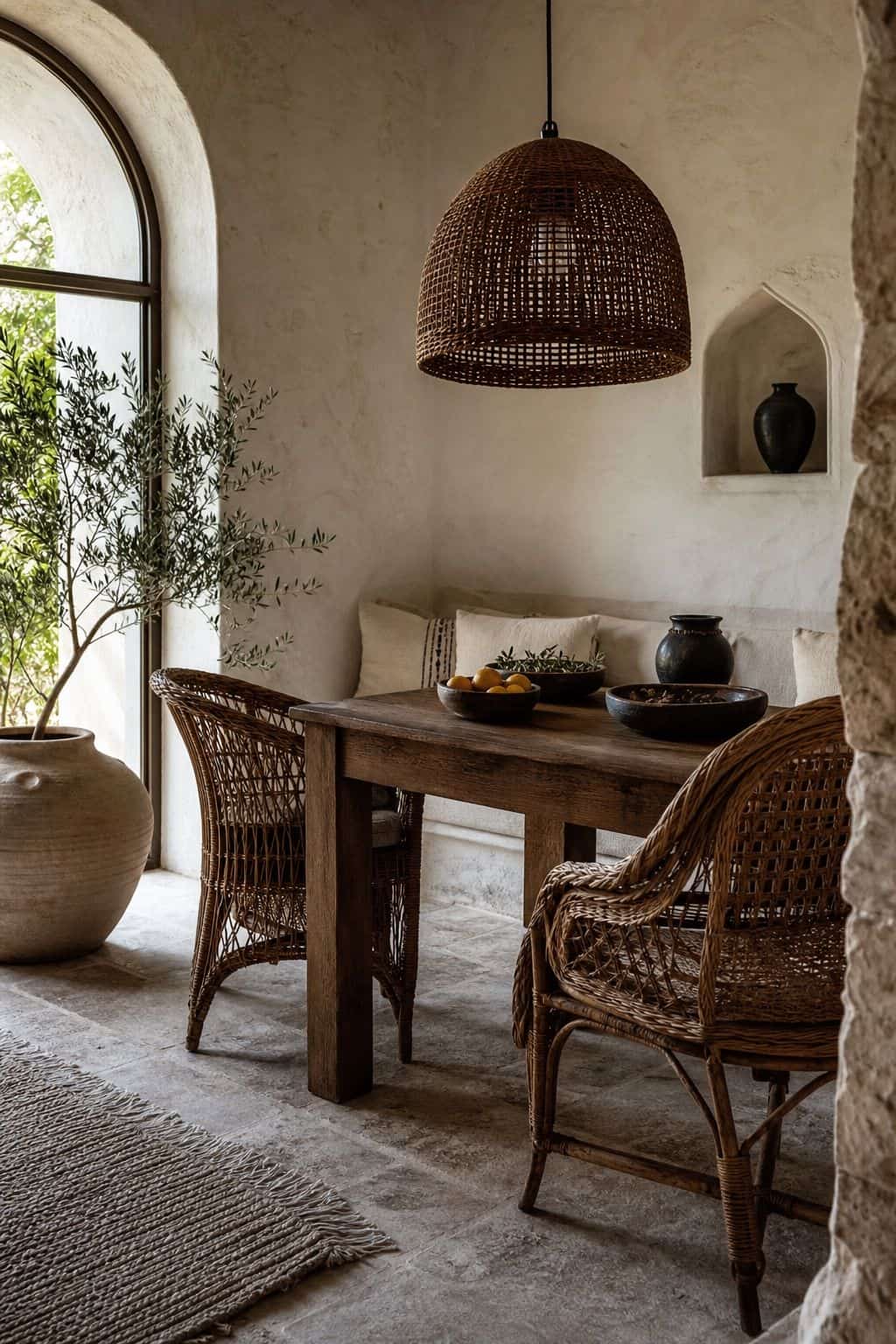 A Woven Rattan Pendant shown in a sun-washed dining nook with limewashed plaster walls, stone flooring, rustic wood table, woven chairs, olive branches, and a large woven rattan pendant centered over the room. This realistic editorial interior photo is meant for readers saving Mediterranean lighting ideas and warm lighting ideas for a home that feels golden, relaxed, and sun washed. It naturally fits Mediterranean decor ideas, Mediterranean home decor, and warm cozy lighting inspiration.