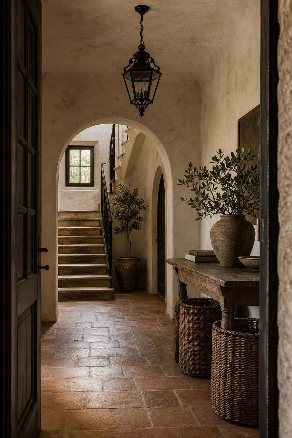 A Wrought-Iron Lantern shown in a textured Mediterranean entry hall with arched openings, terracotta tile, antique vessels, and a black wrought-iron lantern hanging from the plaster ceiling. This realistic editorial interior photo is meant for readers saving Mediterranean lighting ideas and warm lighting ideas for a home that feels golden, relaxed, and sun washed. It naturally fits Mediterranean decor ideas, Mediterranean home decor, and warm cozy lighting inspiration without looking staged.