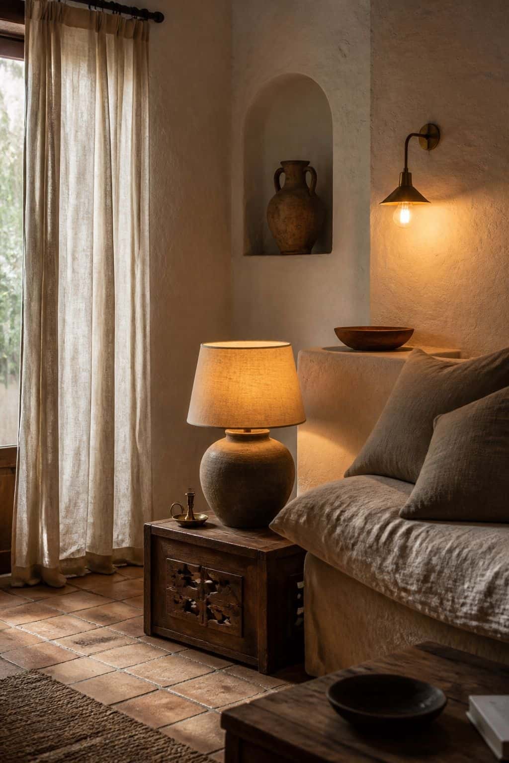 Warm-Toned Bulbs shown in a cozy Mediterranean bedroom corner with soft golden bulbs in a table lamp and wall sconce, linen curtains, terracotta tiles, and warm plaster walls. This realistic editorial interior photo is meant for readers saving Mediterranean lighting ideas and warm lighting ideas for a home that feels golden, relaxed, and sun washed. It naturally fits Mediterranean decor ideas, Mediterranean home decor, and warm cozy lighting inspiration without looking staged or overly perfect.