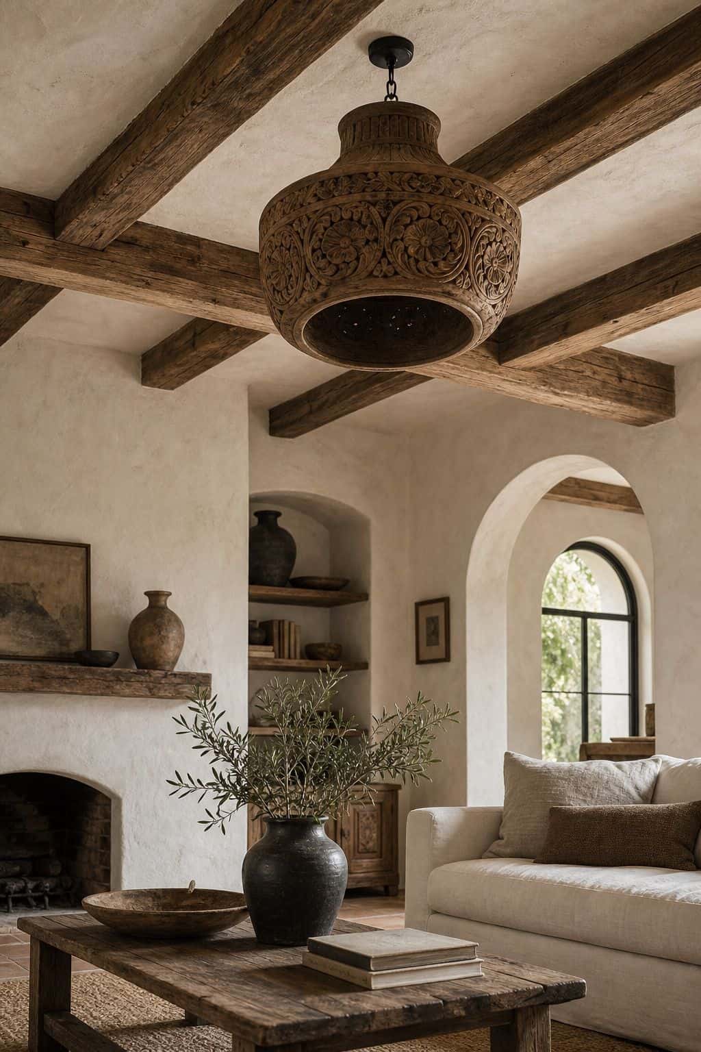 A Carved-Wood Fixture shown in a Mediterranean sitting room with aged beams, arched openings, ceramic vessels, and a carved wood light fixture that adds warmth without feeling too formal. This realistic editorial interior photo is meant for readers saving Mediterranean lighting ideas and warm lighting ideas for a home that feels golden, relaxed, and sun washed. It naturally fits Mediterranean decor ideas, Mediterranean home decor, and warm cozy lighting inspiration without looking staged or.
