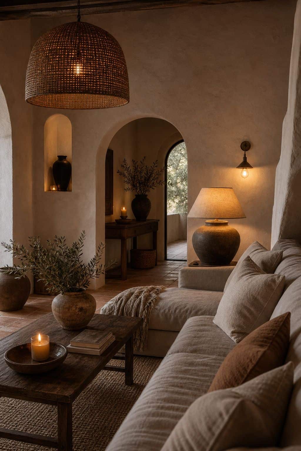 Layered Warm Light shown in a layered Mediterranean living room with a rattan pendant, ceramic table lamp, small wall sconce, and candle accents glowing at different heights. This realistic editorial interior photo is meant for readers saving Mediterranean lighting ideas and warm lighting ideas for a home that feels golden, relaxed, and sun washed. It naturally fits Mediterranean decor ideas, Mediterranean home decor, and warm cozy lighting inspiration without looking staged or overly perfect.