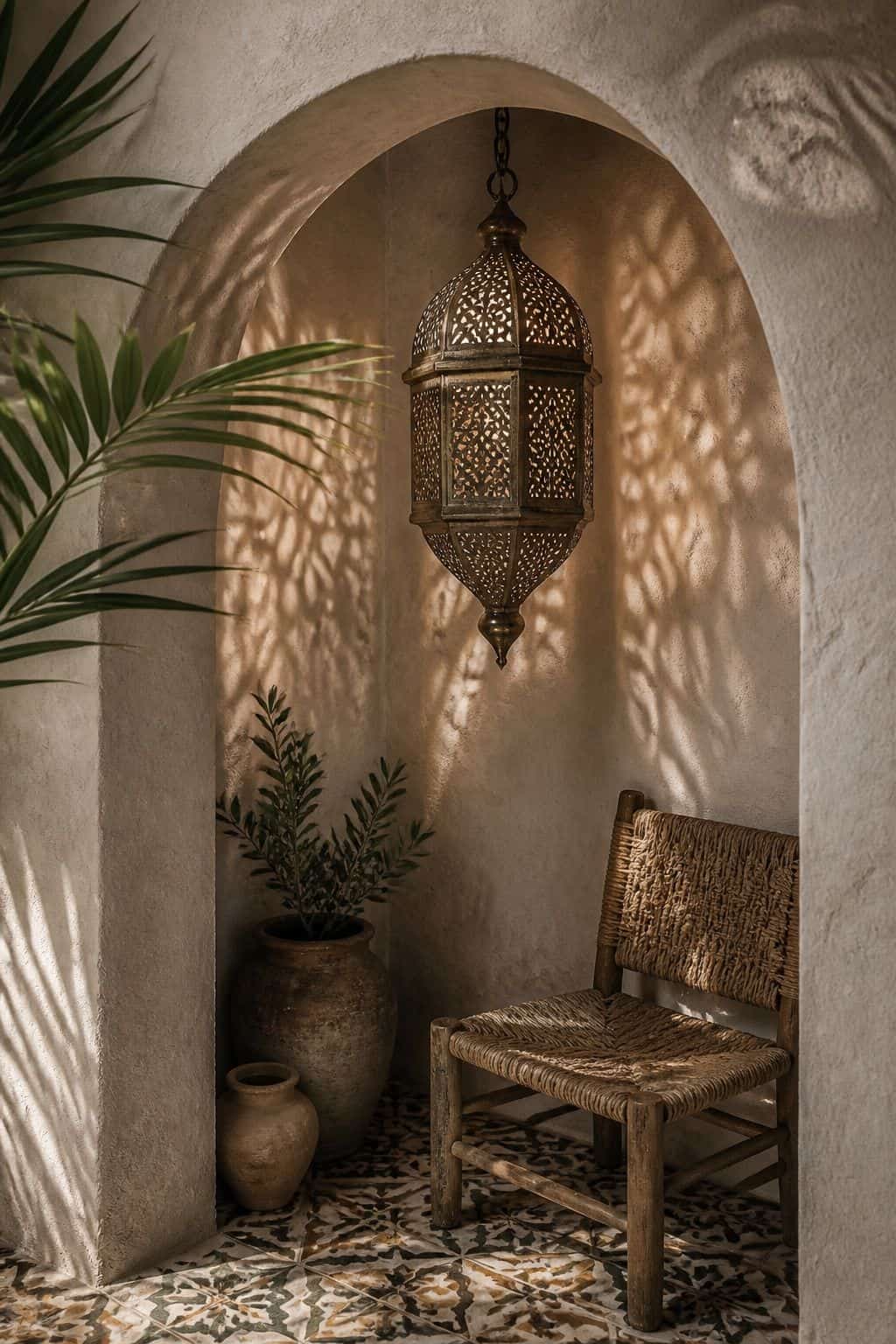 A Moorish-Pattern Lantern shown in an arched alcove with patterned tile, aged brass tones, a pierced Moorish lantern, dappled light, potted greenery, and handwoven seating. This realistic editorial interior photo is meant for readers saving Mediterranean lighting ideas and warm lighting ideas for a home that feels golden, relaxed, and sun washed. It naturally fits Mediterranean decor ideas, Mediterranean home decor, and warm cozy lighting inspiration without looking staged or overly perfect.