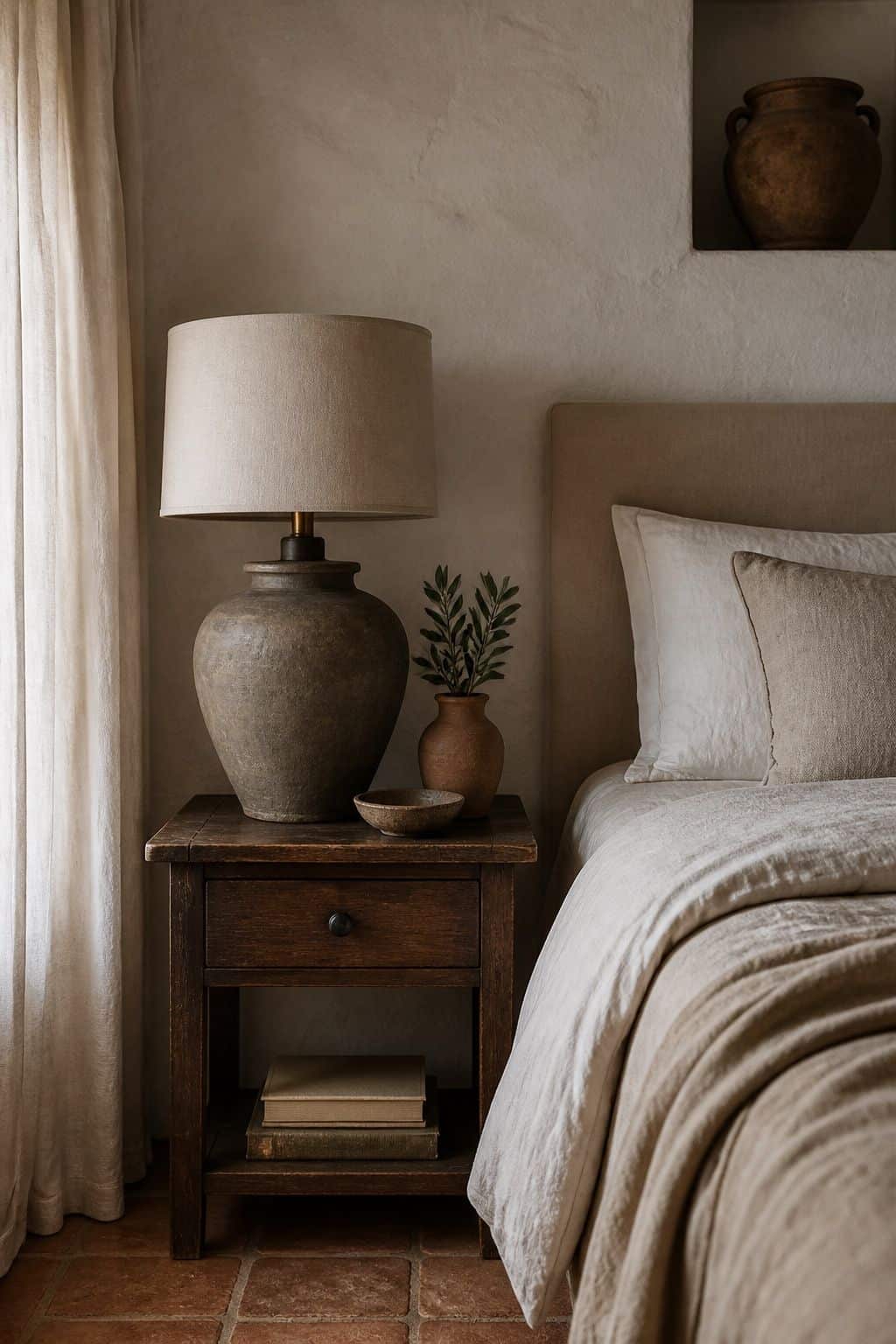 A Linen Drum Shade shown in a calm Mediterranean bedroom with washed linen bedding, a linen drum shade lamp, plaster walls, olive branches, aged wood, and soft neutral texture. This realistic editorial interior photo is meant for readers saving Mediterranean lighting ideas and warm lighting ideas for a home that feels golden, relaxed, and sun washed. It naturally fits Mediterranean decor ideas, Mediterranean home decor, and warm cozy lighting inspiration without looking staged or overly perfect.