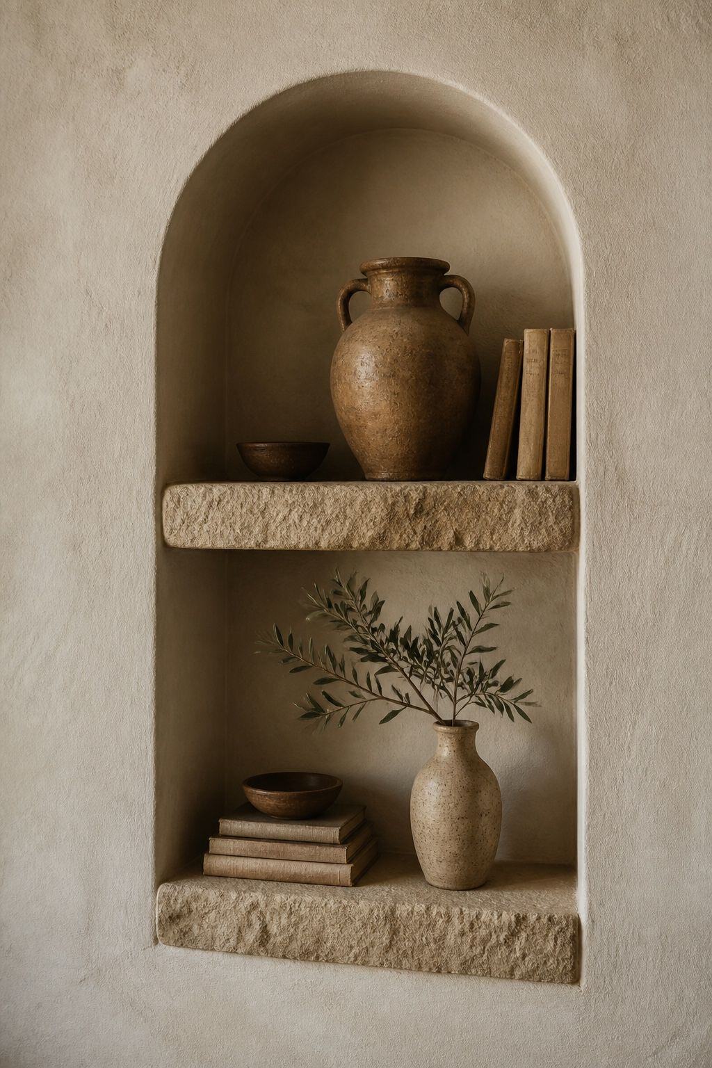 An Arched-Niche Light shown in an arched plaster niche styled with ceramics, books, stone ledge texture, and a hidden niche light that gives the wall a quiet warm glow. This realistic editorial interior photo is meant for readers saving Mediterranean lighting ideas and warm lighting ideas for a home that feels golden, relaxed, and sun washed. It naturally fits Mediterranean decor ideas, Mediterranean home decor, and warm cozy lighting inspiration without looking staged or overly perfect.