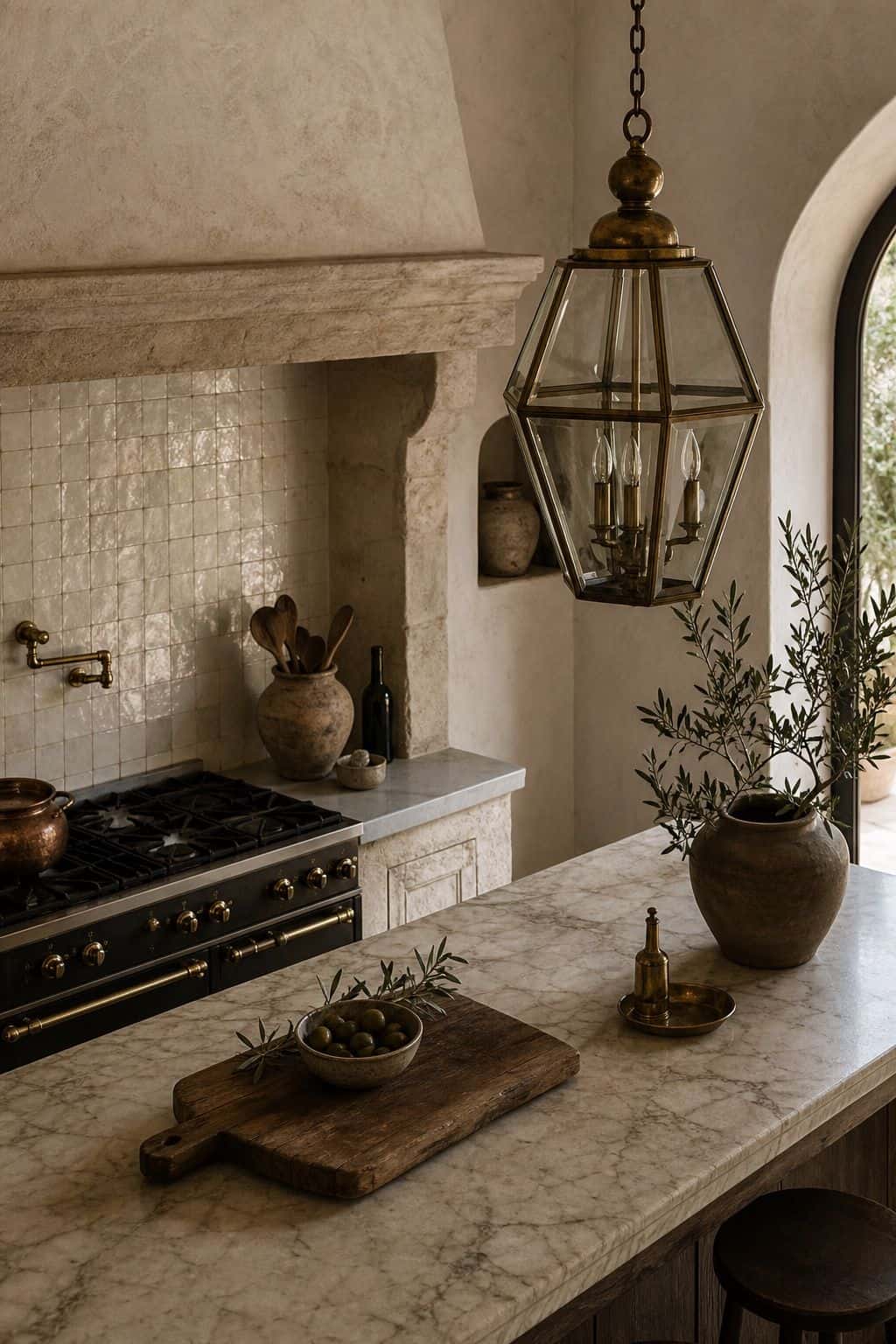 A Brass and Glass Fixture shown in a Mediterranean kitchen with handmade tile, marble counter, olive wood accents, arched window light, and an aged brass and glass fixture above the work area. This realistic editorial interior photo is meant for readers saving Mediterranean lighting ideas and warm lighting ideas for a home that feels golden, relaxed, and sun washed. It naturally fits Mediterranean decor ideas, Mediterranean home decor, and warm cozy lighting inspiration without looking.