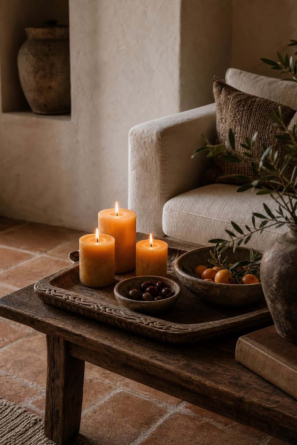 Candle-Warm Accent Light shown in a coffee table scene with beeswax candles, ceramic bowls, fruit, linen upholstery, terracotta floor, and soft candle-warm accent light in a plaster room. This realistic editorial interior photo is meant for readers saving Mediterranean lighting ideas and warm lighting ideas for a home that feels golden, relaxed, and sun washed. It naturally fits Mediterranean decor ideas, Mediterranean home decor, and warm cozy lighting inspiration without looking staged or.