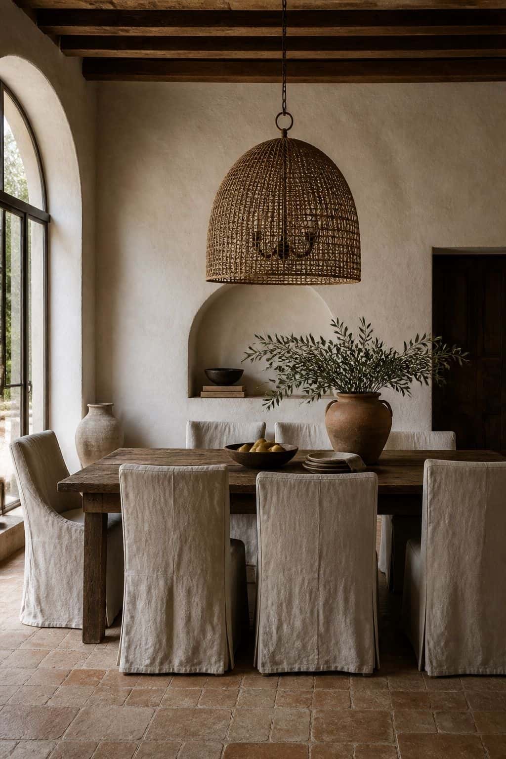 Restraint: One Statement Fixture shown in a restrained Mediterranean dining room where one woven statement fixture anchors the table while the walls, chairs, ceramics, and other lighting stay understated. This realistic editorial interior photo is meant for readers saving Mediterranean lighting ideas and warm lighting ideas for a home that feels golden, relaxed, and sun washed. It naturally fits Mediterranean decor ideas, Mediterranean home decor, and warm cozy lighting inspiration without.