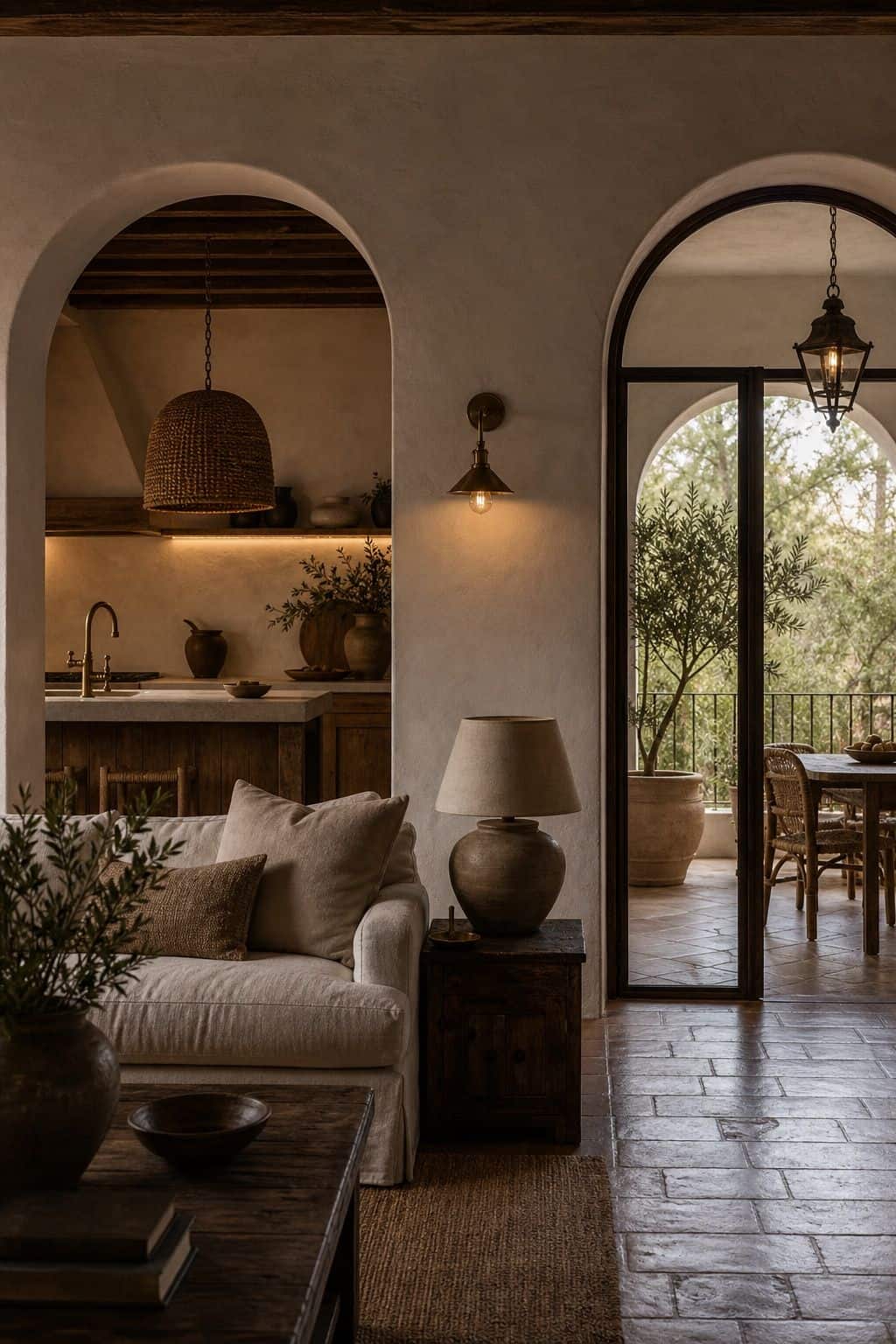 A By-Room Guide shown in a layered view from living room toward kitchen and terrace, with pendant, sconce, lamp, and outdoor lanterns placed by room so the whole home feels connected. This realistic editorial interior photo is meant for readers saving Mediterranean lighting ideas and warm lighting ideas for a home that feels golden, relaxed, and sun washed. It naturally fits Mediterranean decor ideas, Mediterranean home decor, and warm cozy lighting inspiration without looking staged or.