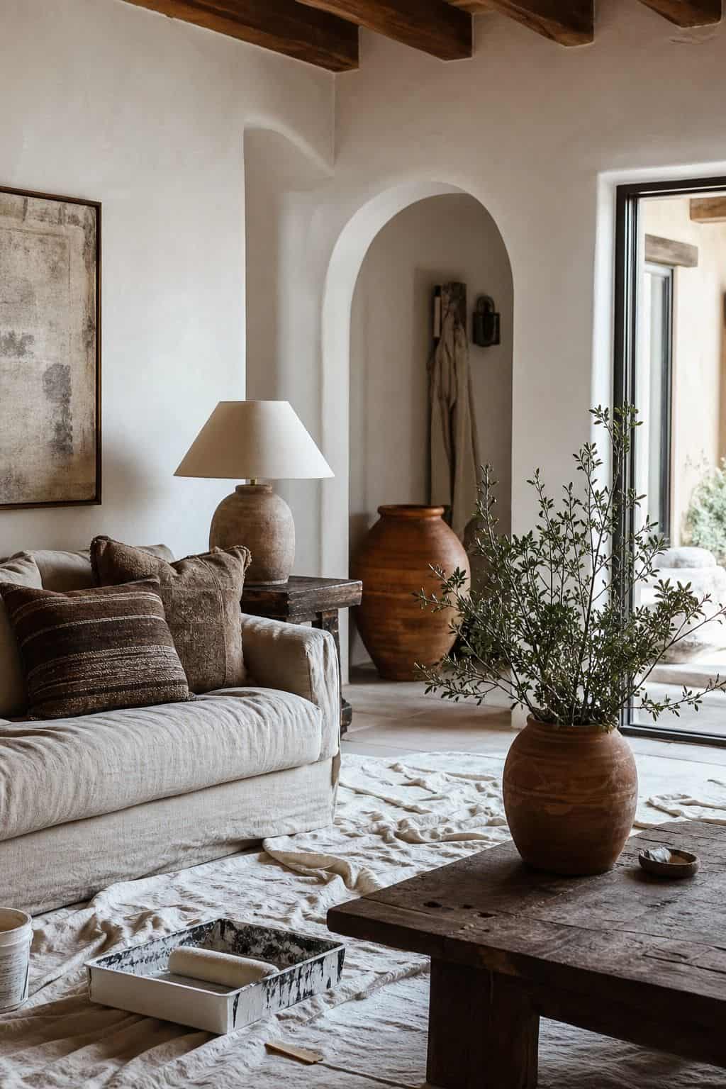 Budget Mediterranean decor idea 1, lime-wash or warm-white paint, shown in a realistic sun-washed home scene with warm plaster tones, thrifted textures, terracotta, linen, wood, and softly imperfect details. This image illustrates how to create the Mediterranean look affordably with approachable materials, secondhand finds, and practical styling that feels collected, warm, and lived-in rather than expensive or showroom-perfect.