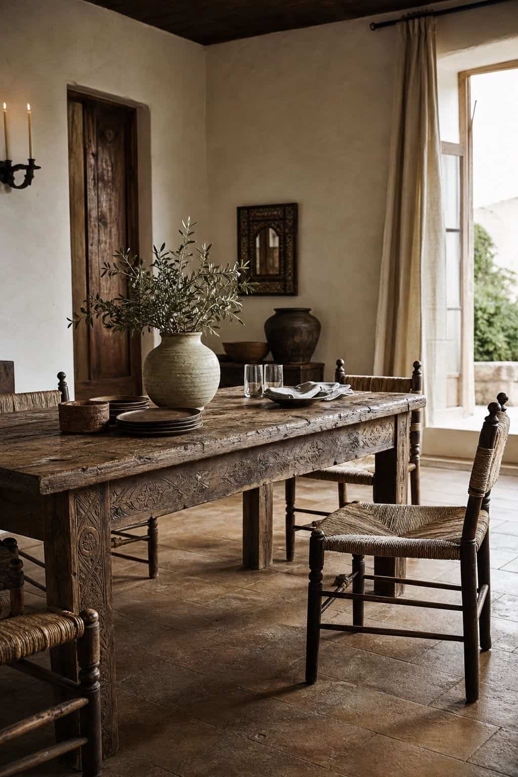 Budget Mediterranean decor idea 2, thrifted wood and wrought iron, shown in a realistic sun-washed home scene with warm plaster tones, thrifted textures, terracotta, linen, wood, and softly imperfect details. This image illustrates how to create the Mediterranean look affordably with approachable materials, secondhand finds, and practical styling that feels collected, warm, and lived-in rather than expensive or showroom-perfect.